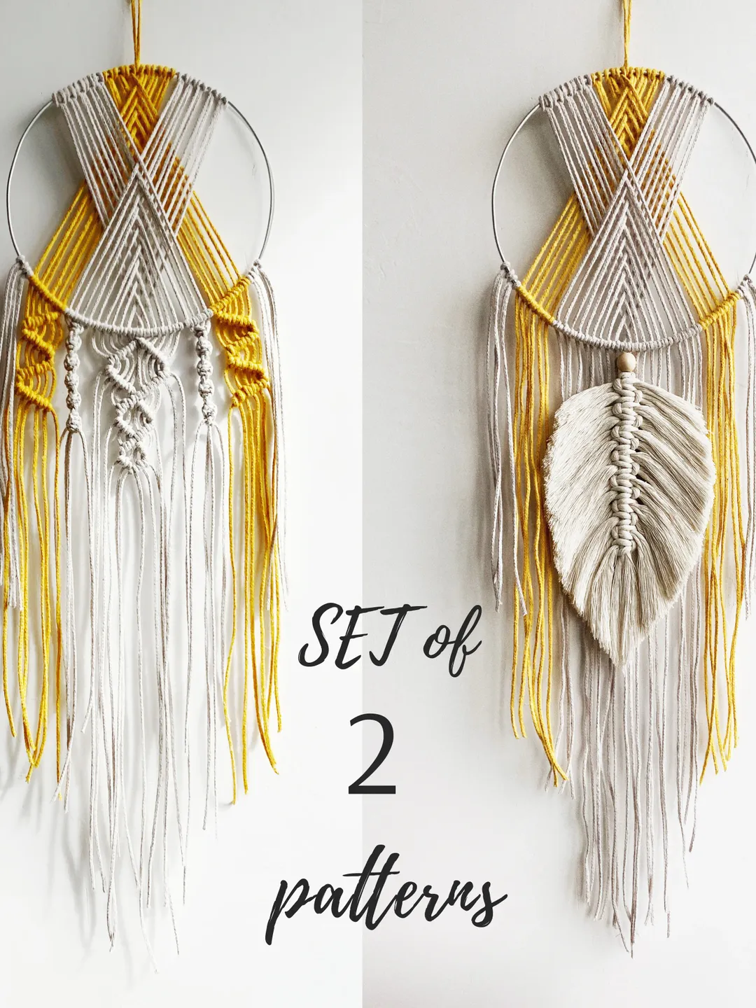 Set of 2 Macrame Patterns PDF, Dream Catcher with feather, DIY Wall Hanging with leaf