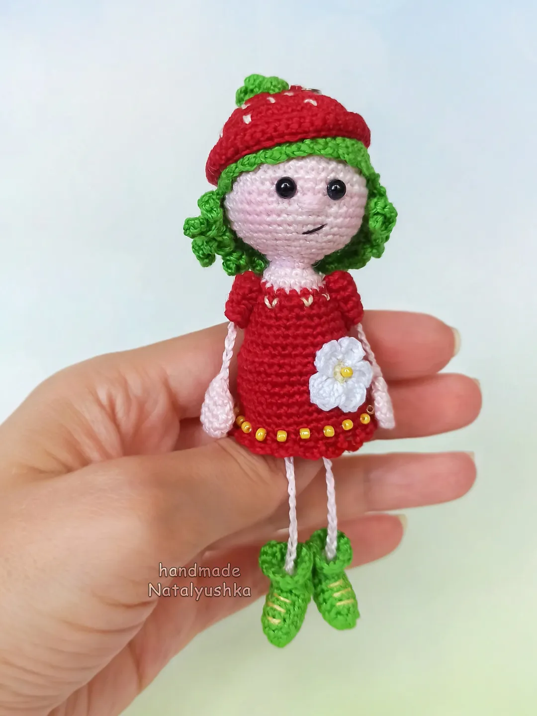 Doll Strawberry, keychain, Girl nursery decor, Crochet doll berry, Girl gift, Summer pocket doll, Car mirror hanging