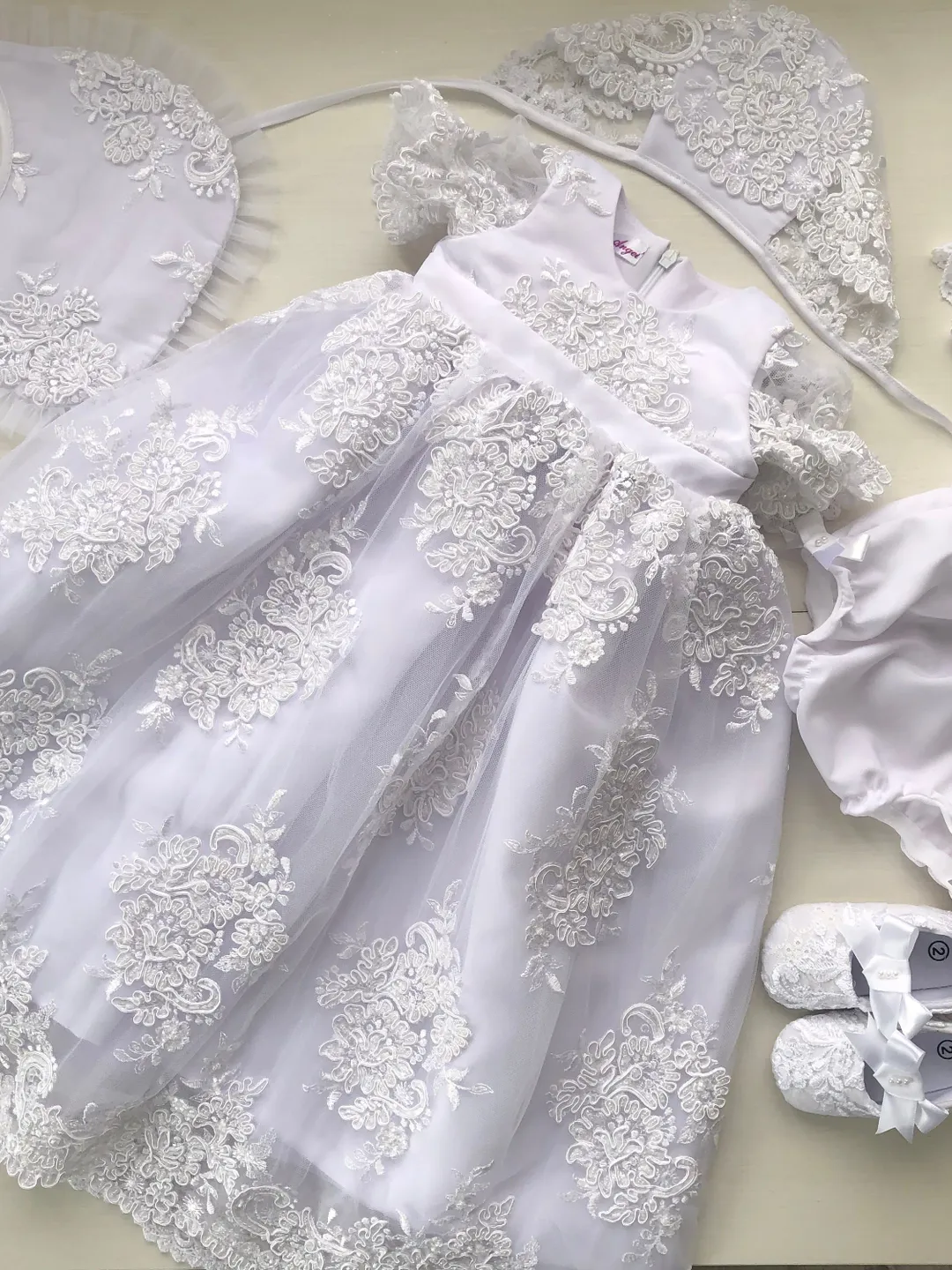 White dress with pearls and sparkles, bonnet, headband, bib, panties and shoes for baby girl. Christening gown for girl. Baptism outfit.