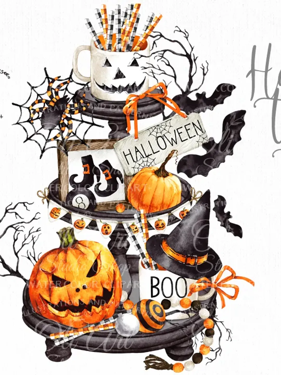 Halloween tiered tray design, png file, hand drawn graphics, printable art.