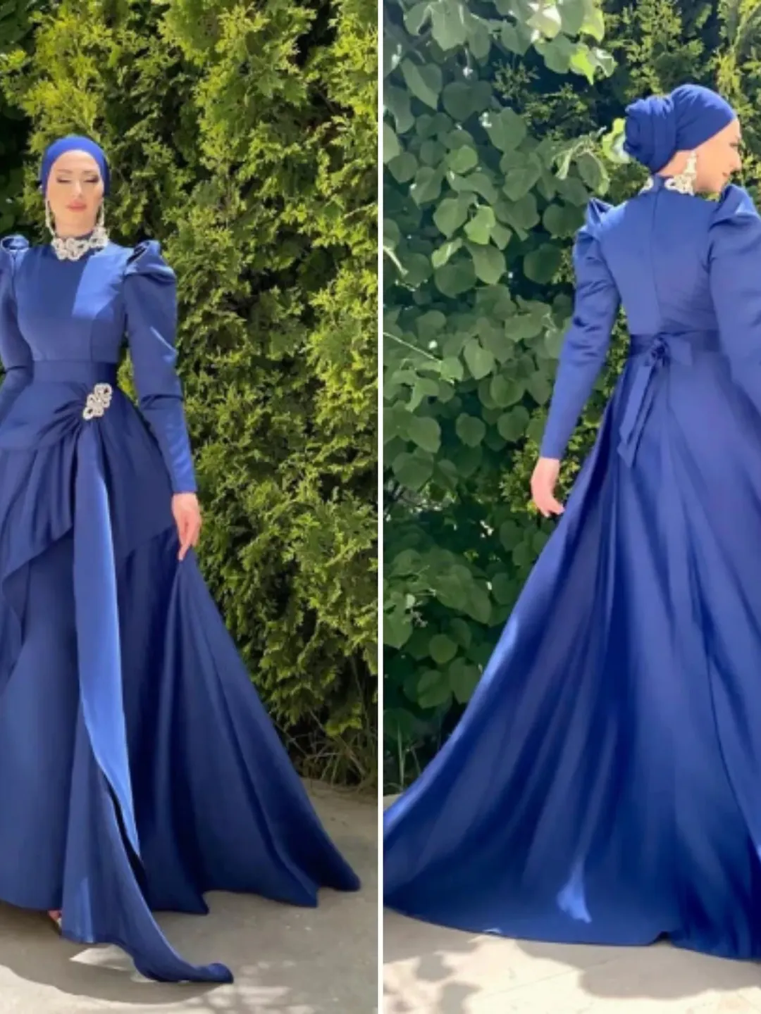 Ahsen Navy Blue Satin Tailed Embroidered Ahuanre  Wedding Dress, Muslim Evening Gown,  Islamic Wedding, Engagement, Bridesmaid,