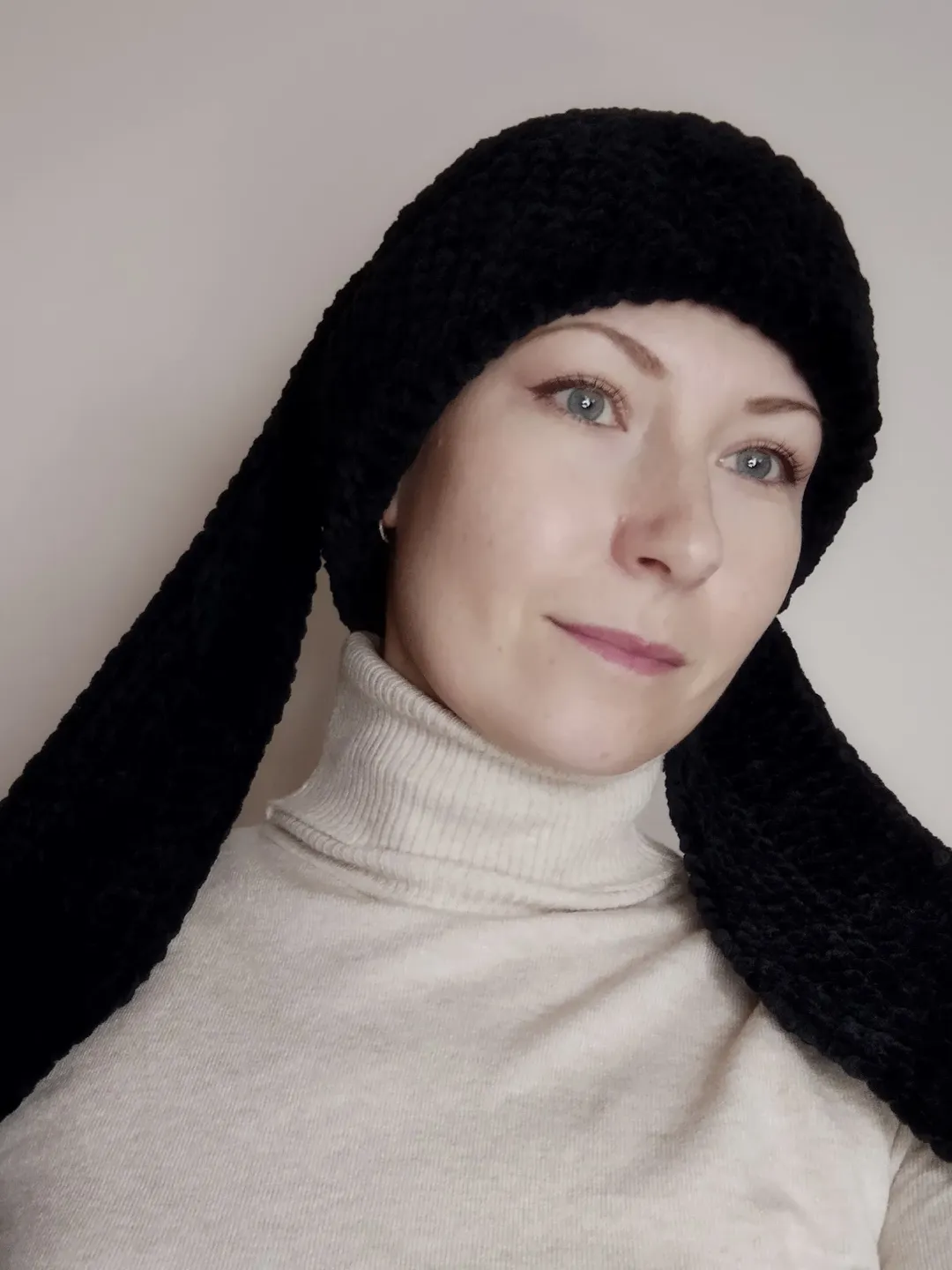 Black bunny beanie crochet. Fluffy bunny hat adult. Plush bunny beanie hand knit