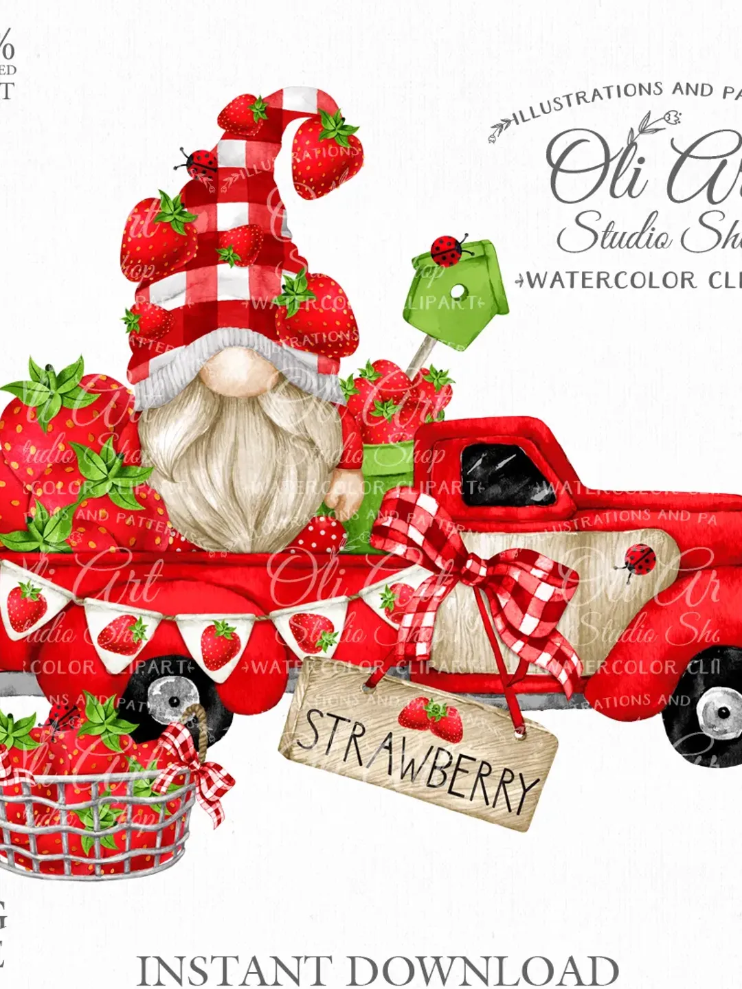 Strawberry Truck Gnome Clipart. Hand Drawn Graphics, Instant Download. Digital Download. OliArtStudioShop