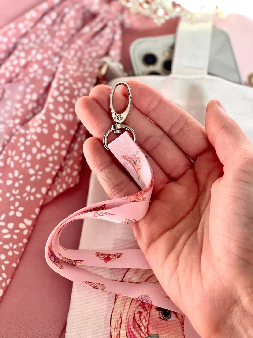 Princess Crowns Pink Lanyard with Oval clasp hook - Handdrawn Art of 9 different artworks