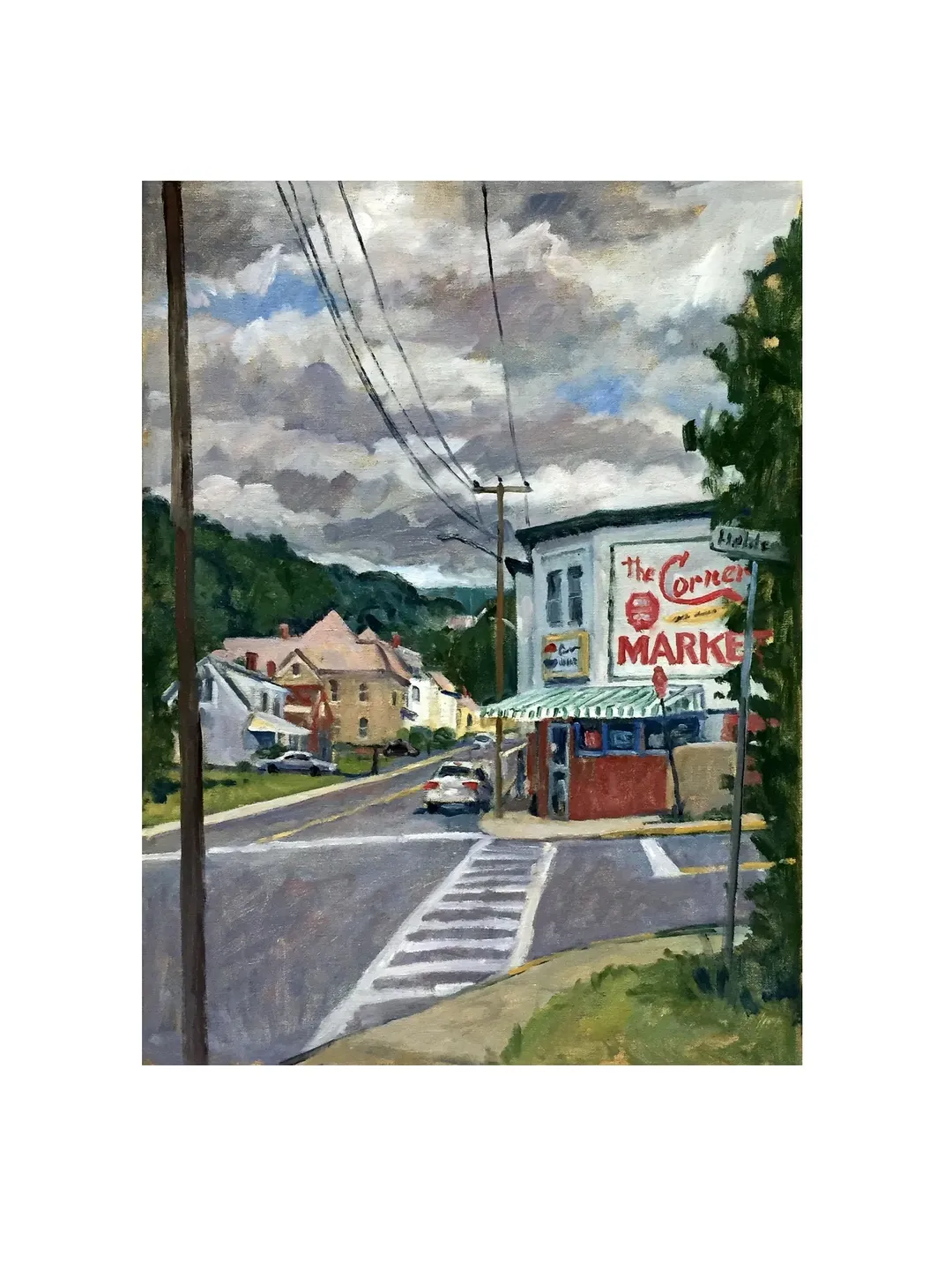 Large Landscape Painting - Corner Market- 18x24 Oil on Canvas, American Plein Air Impressionist Cityscape, Signed Original