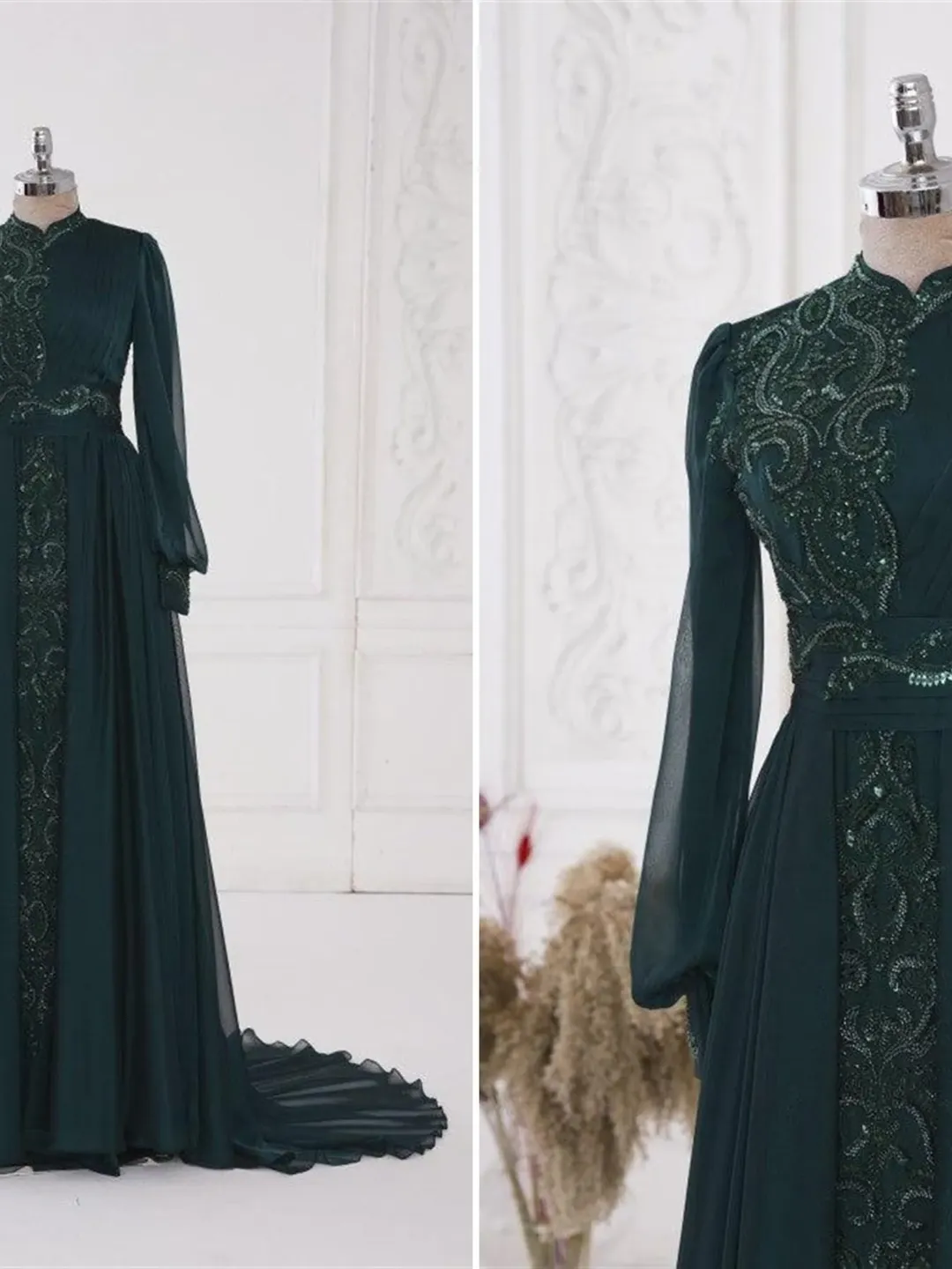 AHUNARE HIJAB - Elit  Emerald  Chiffon Tailed Wedding Dress, Muslim Evening Gown, Nikah, Islamic Wedding, Engagement, Bridesmaid,