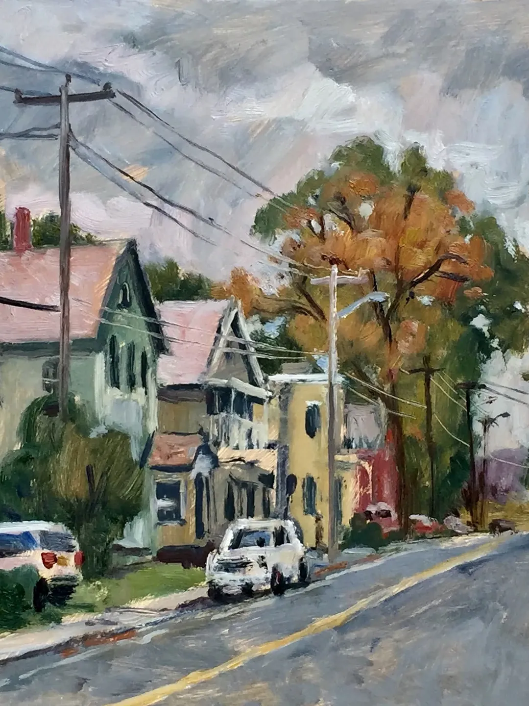 Berkshires Landscape Painting - Autumn Houses/North Adams - 9x12 Oil on Panel, Signed Original Plein Air Impressionist Cityscape