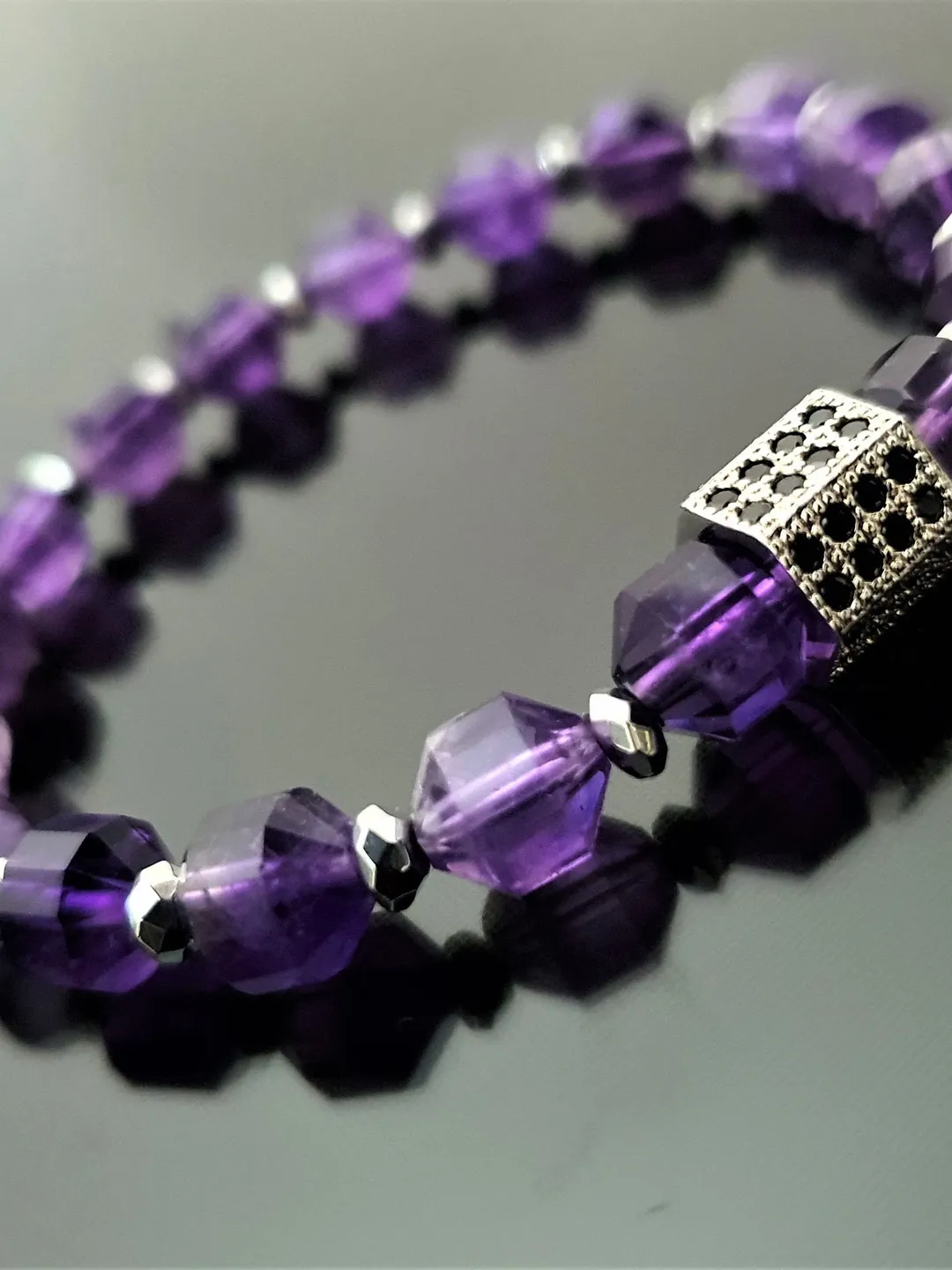 Amethyst Bracelet, Hematite  Gemstone, High Quality Diamond Beads, Basic Design Arm Band, Adjustable Jewelry, Gifts For Mom, Gifts for Dad