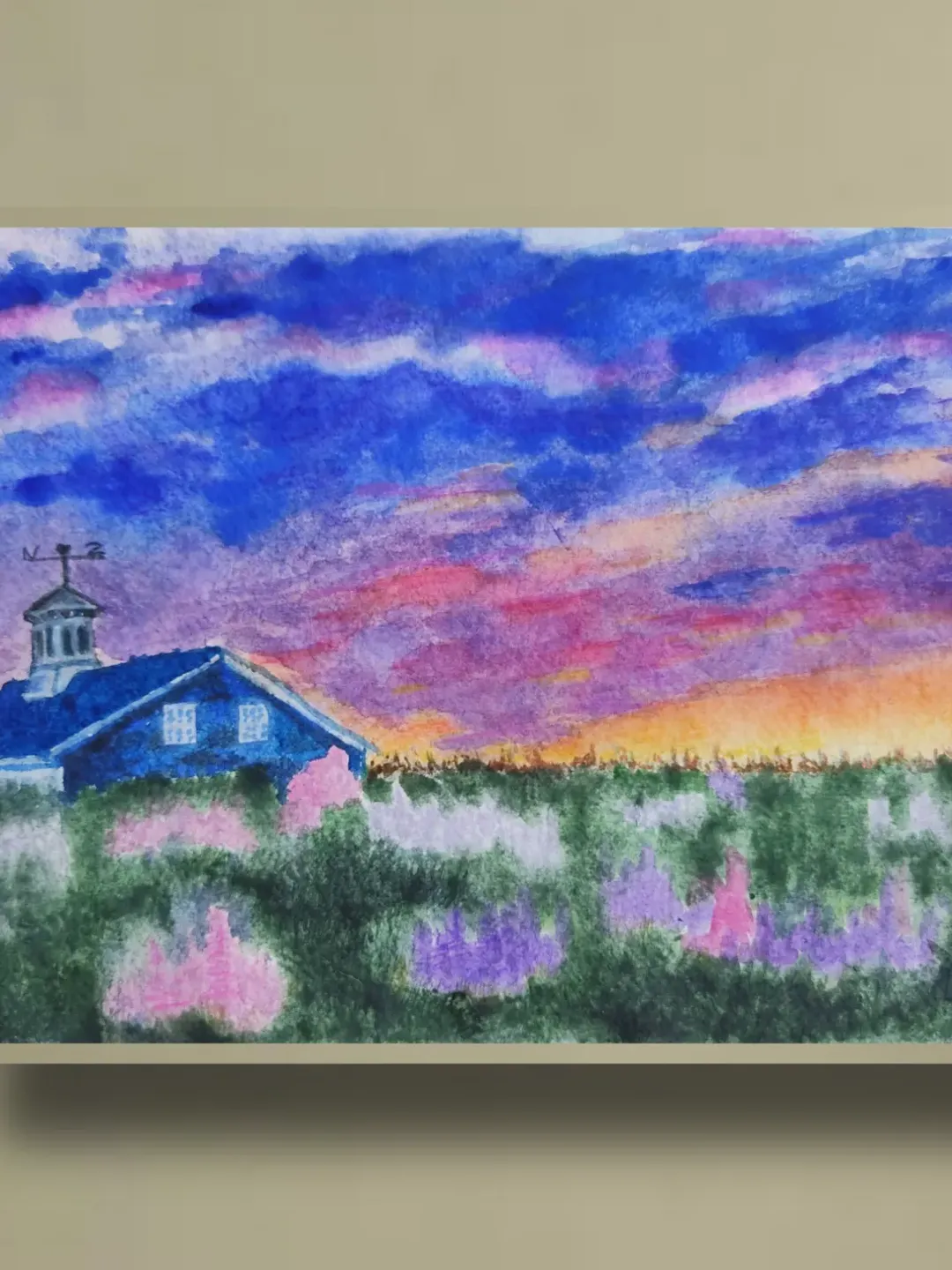 Sunset painting original watercolor art flower fields village landscape