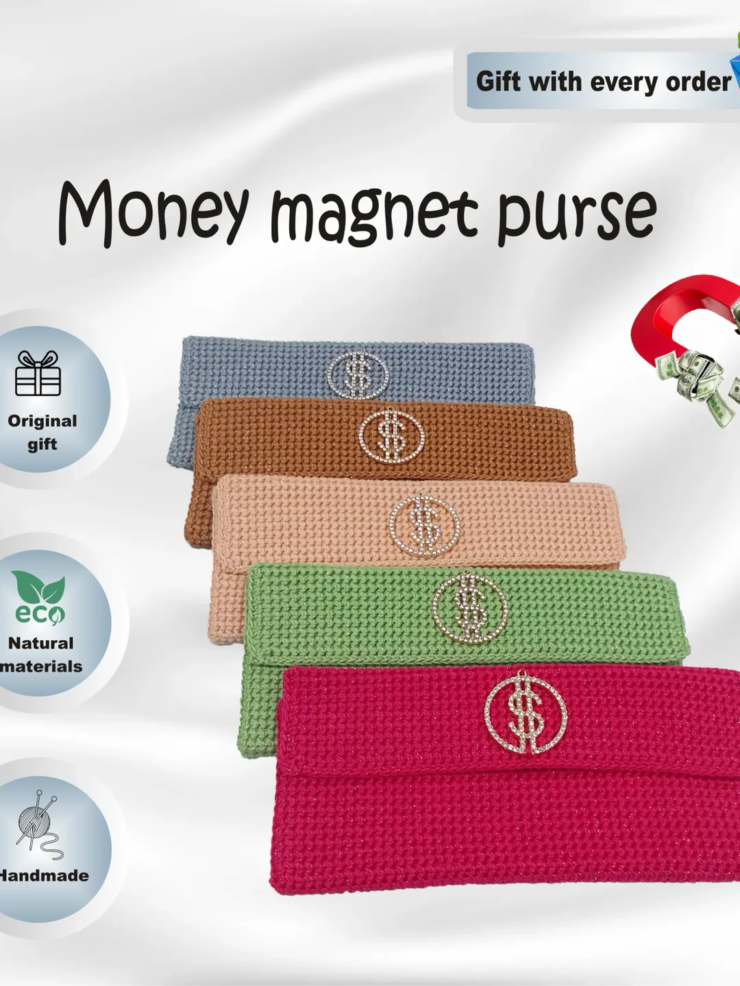 1 Hand knitted purse to attract money, from natural yarn