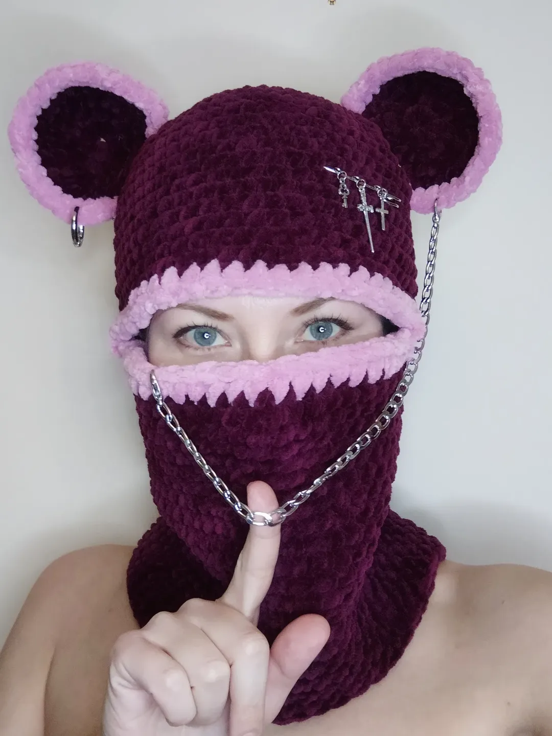 Pastel goth balaclava crochet Fluffy bear balaclava with chain