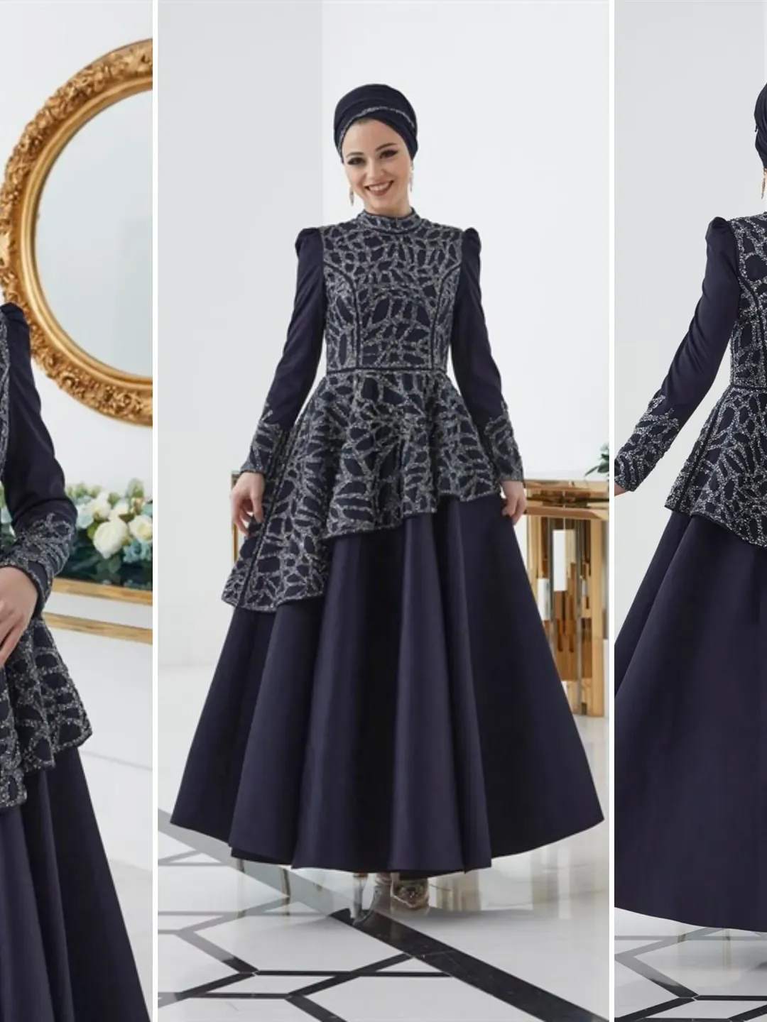 Hürrem Navy Blue Satin Embroidered Ahunare Wedding Dress, Muslim Evening Gown, Nikah, Islamic Wedding, Engagement, Bridesmaid, Maxi Dress