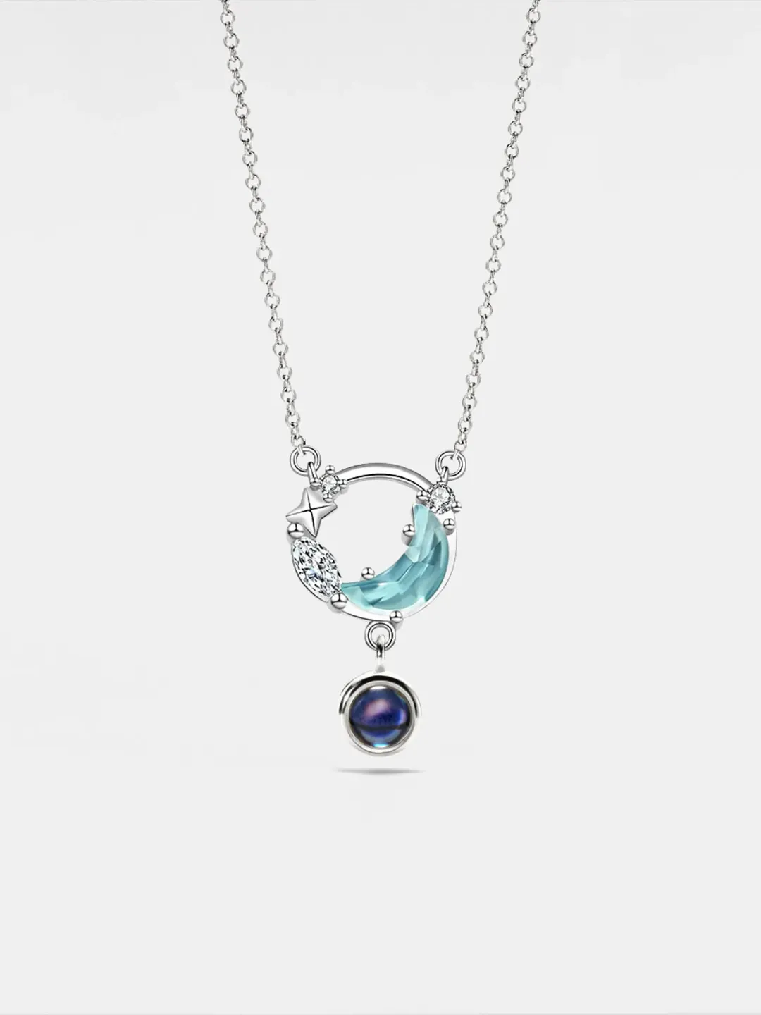 PERIMADE Moon Star Projection Necklace • Personalized Picture Inside Pendant • Sterling Silver Keepsake Jewelry • Trendy Best Friend Gift