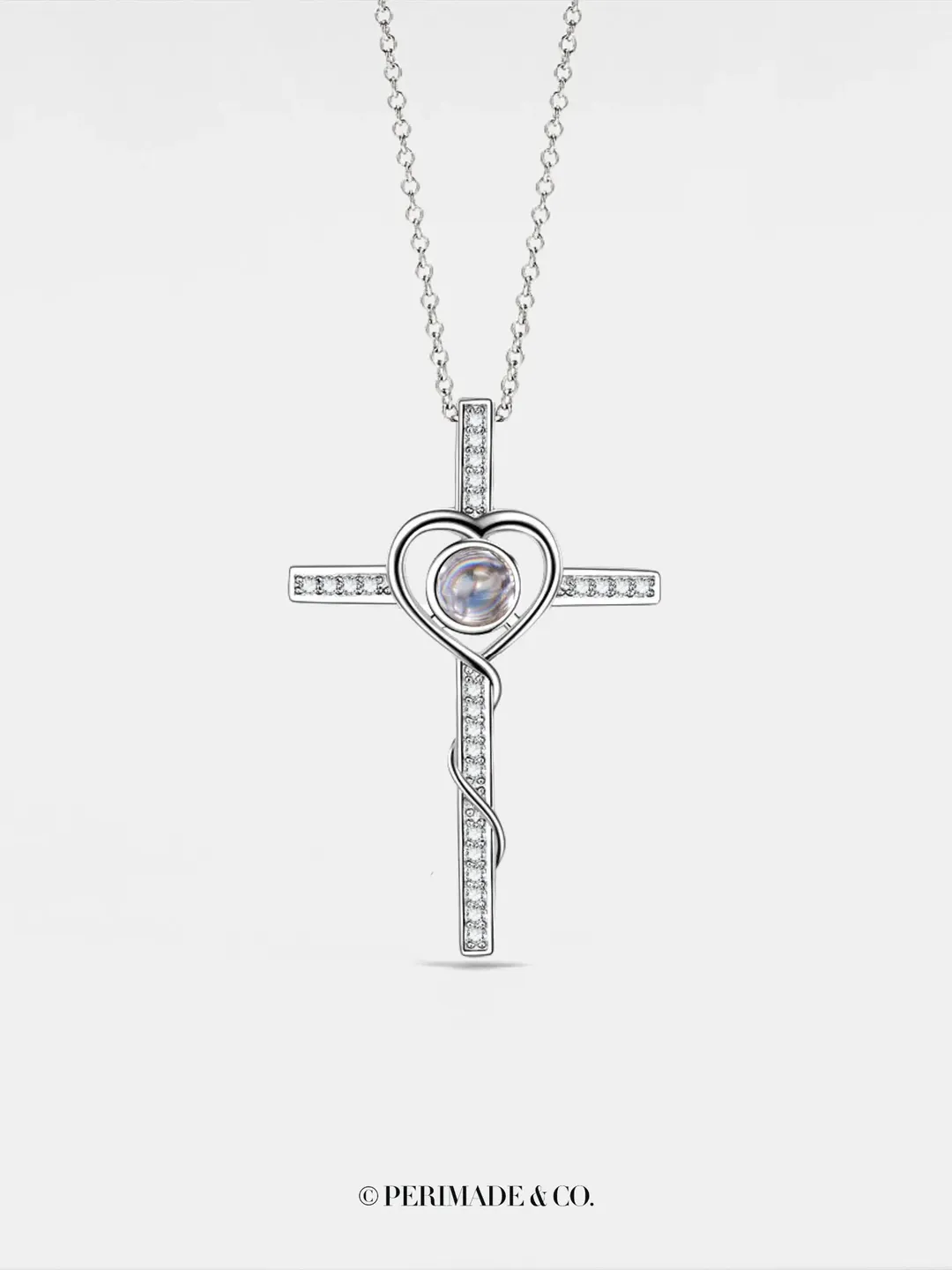 PERIMADE Silver Cross Projection Necklace • Customized Memorial Photo Pendant • Personalized Picture Inside Jewelry • Trendy Friend Gift