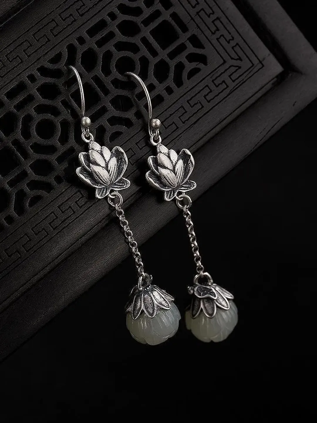 lotus flower earrings, jade lotus earrings, silver lotus earrings, lotus earrings dangle, balinese earrings, silver flower dangle earrings