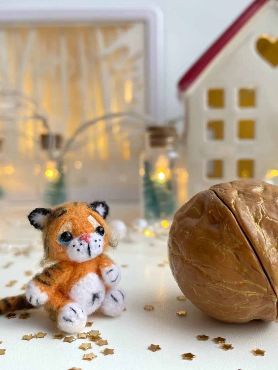 Art collectibles miniatures tiny crochet stuffed tiger micro crochet animal in walnut cute gift for mom small toy