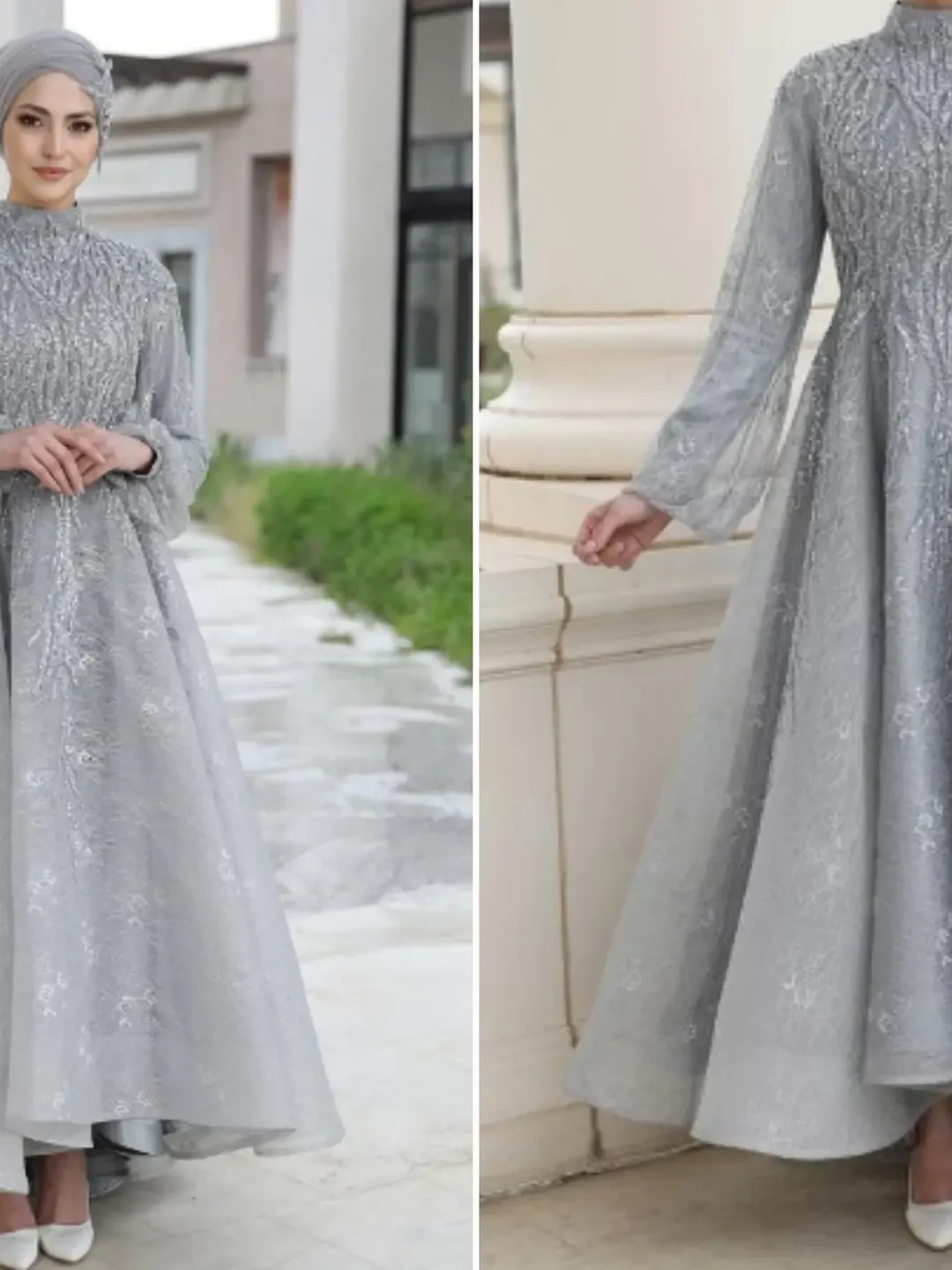 grey hijab wedding dress Luxurious Grey Lace Beaded islamic wedding dresses with Long Sleeves by Abi Ebi Muslim