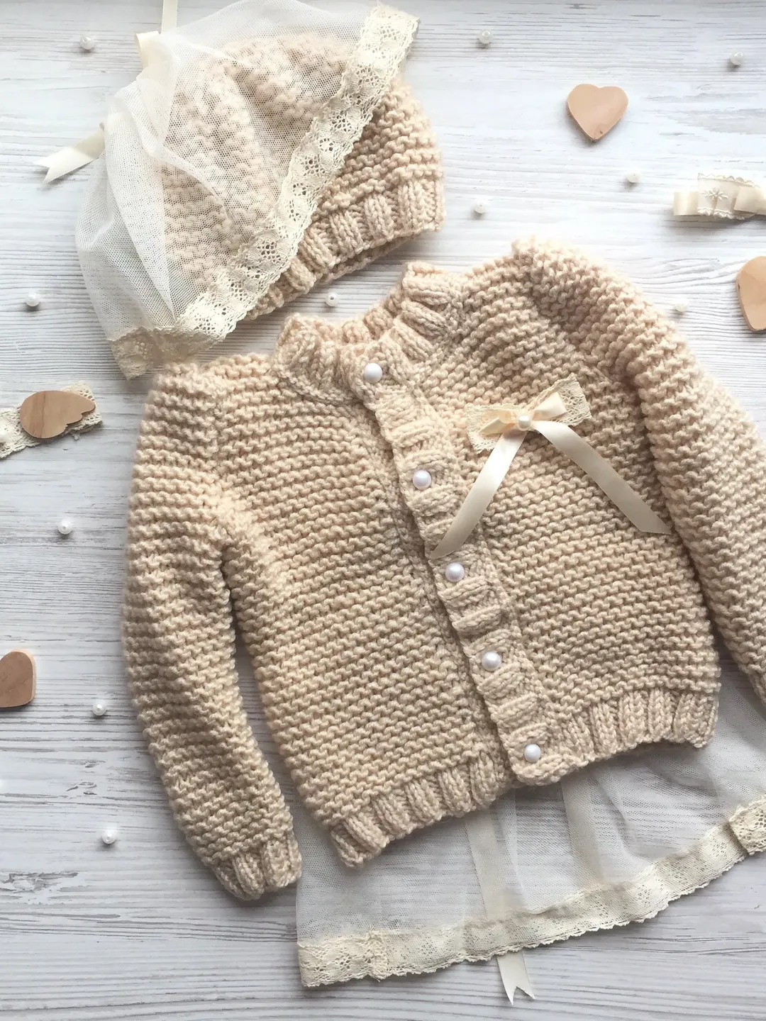 Jacket and a hat for little girl. Clothing set for girl. Hand made knit jacket with bows. Sweater with tape. Knitting hat for girl.