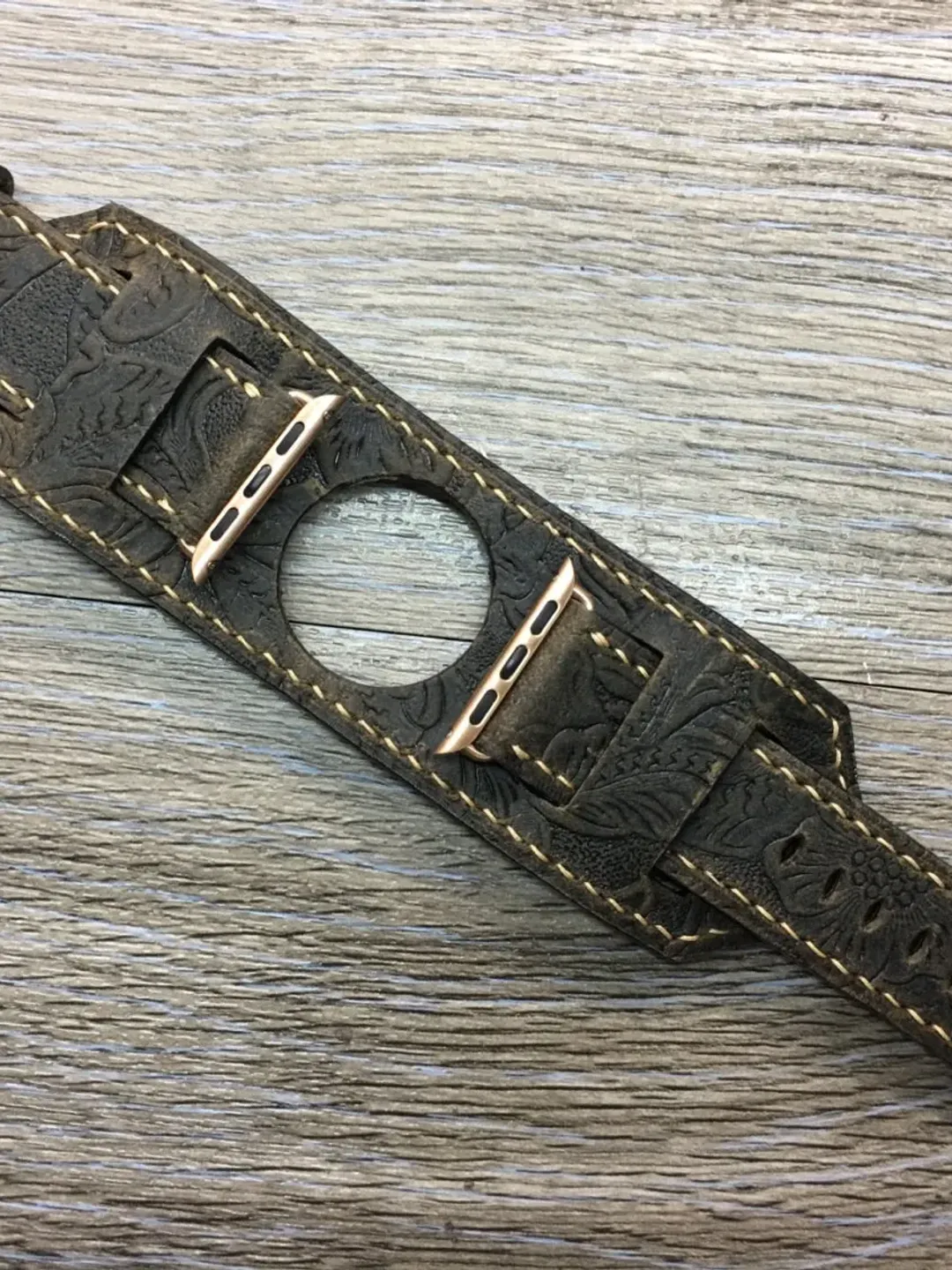 Leather Engraving Apple Watch Band for 45mm Series 7, iWatch Cuff Watch Band in Dark Brown, Apple Watch Series 6 Straps, 44mm, 41mm, 40mm