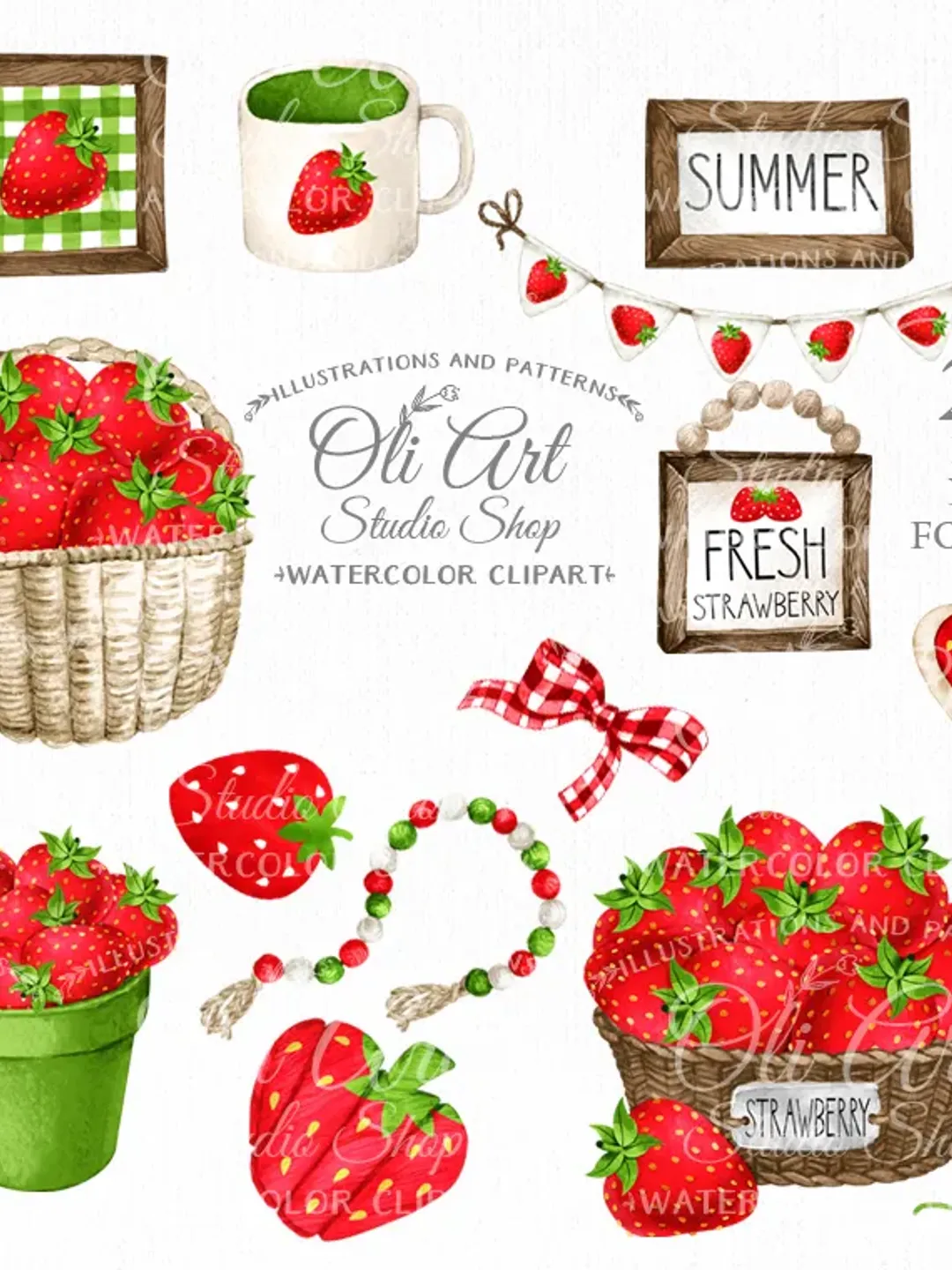 Strawberry, Decor Elements Clip Art. Summer Designs, Hand Drawn graphics. Digital Download. OliArtStudioShop