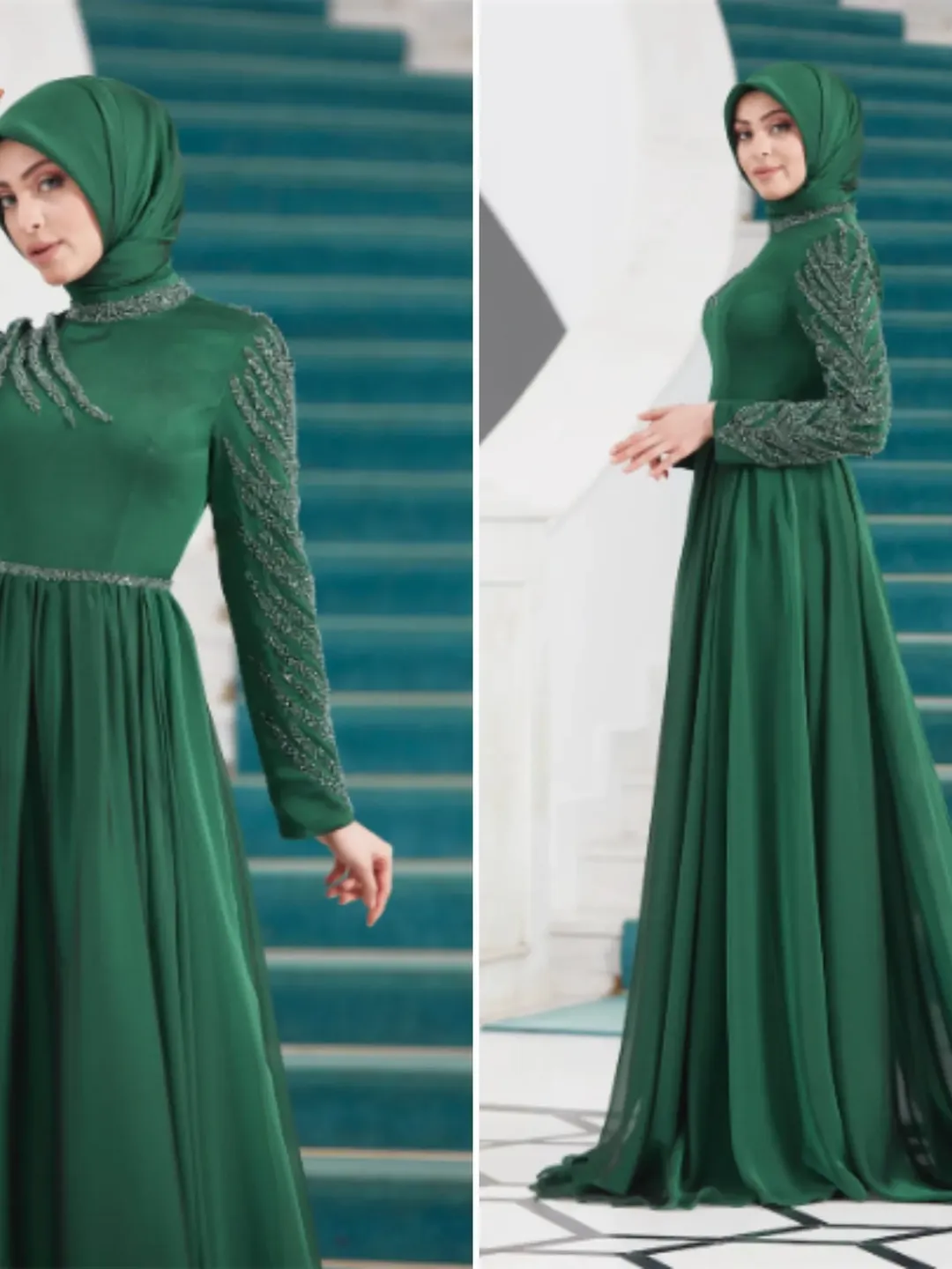 AHUNARE HIJAB - Liz  Green Chiffon Wedding Dress, Muslim Evening Gown, Nikah, Islamic Wedding, Engagement, Bridesmaid,