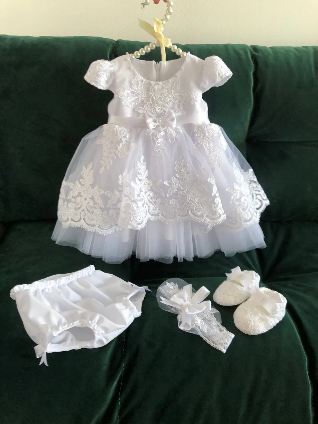 White dress with lace, sparkles and tulle, shoes with lace, panties and headband. Baptism clothing set for girl.