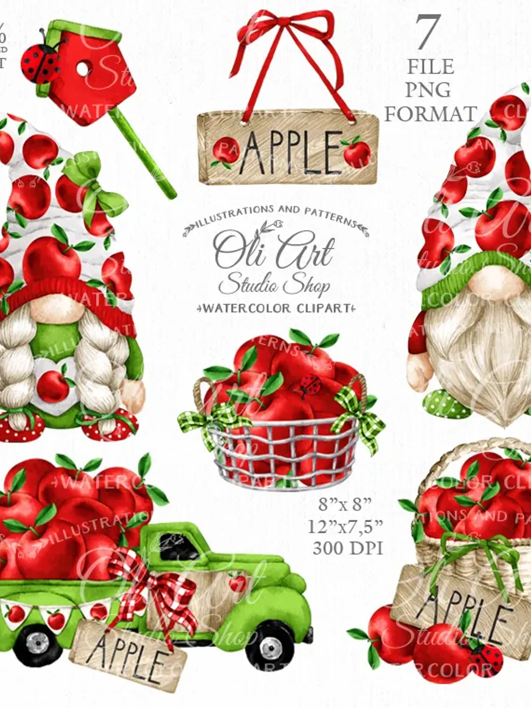 Apple Gnome Clipart. Truck. Digital Clipart, Hand Drawn Graphics, Digital Download. OliArtStudioShop