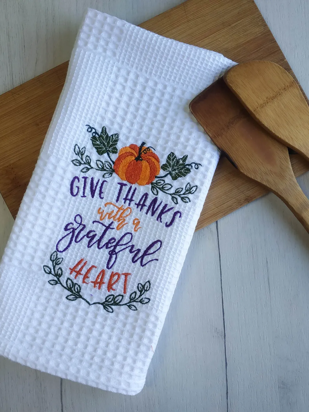 Fall towel, waffle towel, embroidered kitchen towels, kitchen towels with hanging loop, hanging dish towel, host gift