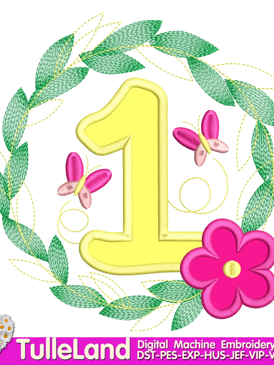 Number One with Flowers Cute  Butterfly My 1st Birthday for girl Design Applique for Machine Embroidery