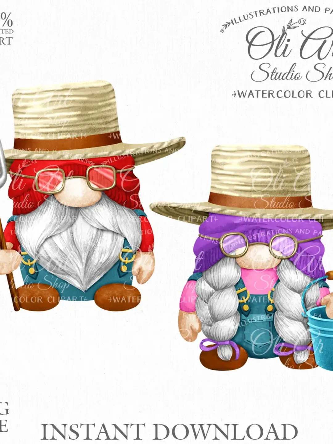 Gnome Farmer Clipart. Hand Drawn Graphics, Instant Download. Digital Download. OliArtStudioShop