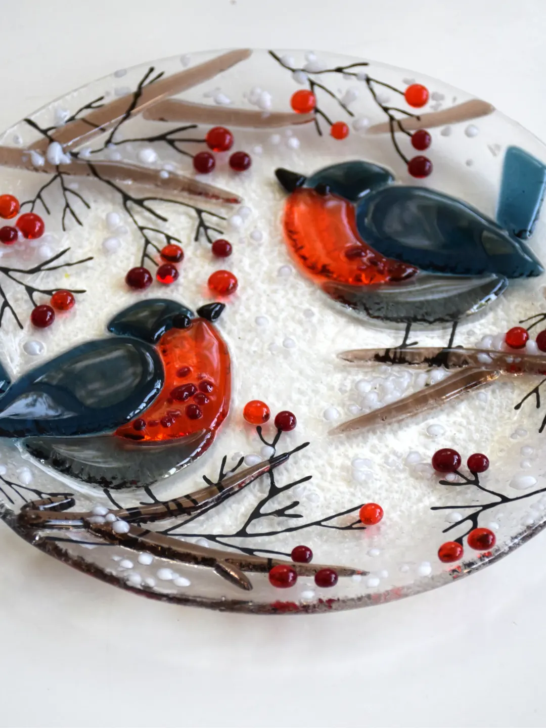 Dessert plates with bird - Fused glass hand painted plates for sweets