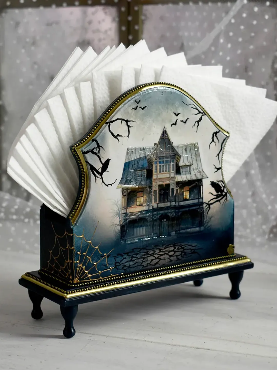 Blue Stand for square napkins, napkin holder for table OLD HOUSE