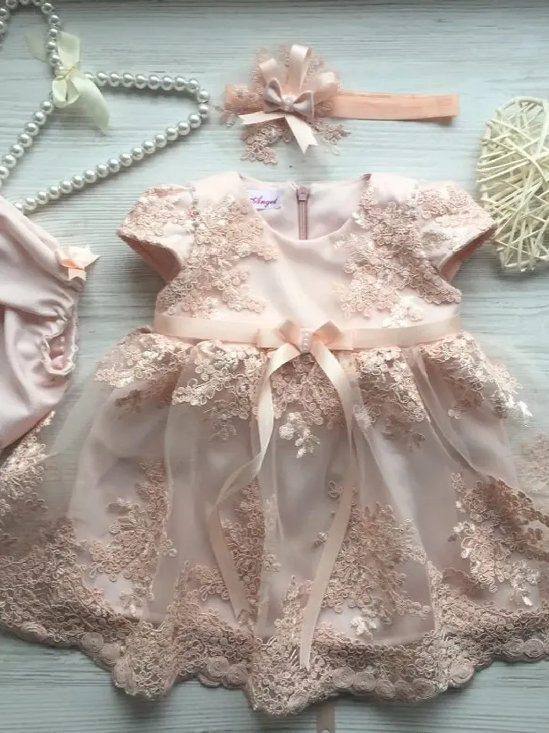 Light pink dress with lace pearls and ribbons. Dress, panties and headband for baby girl. Baptism outfit for baby girl. Christening gown .