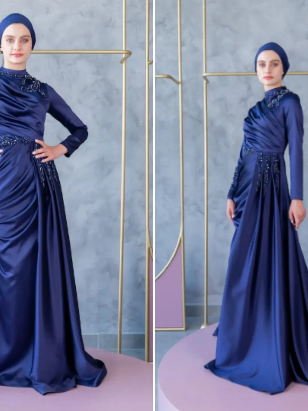 Mercan Navy Blue Satin Tailed Embroidered Ahunare Wedding Dress, Muslim Evening Gown,  Islamic Wedding, Engagement, Bridesmaid, Maxi Dress