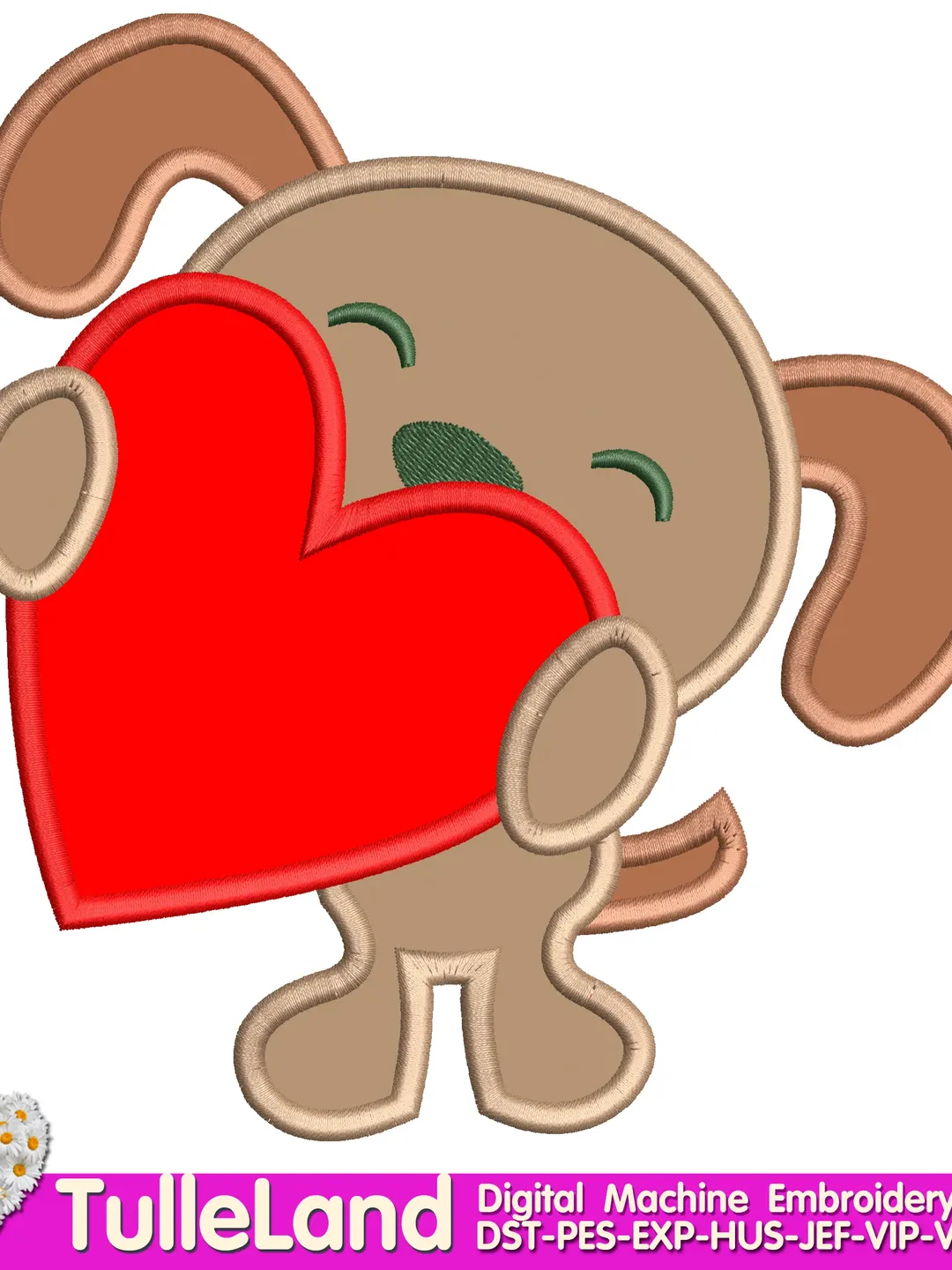 Puppy dog valentines Design applique for Machine Embroidery