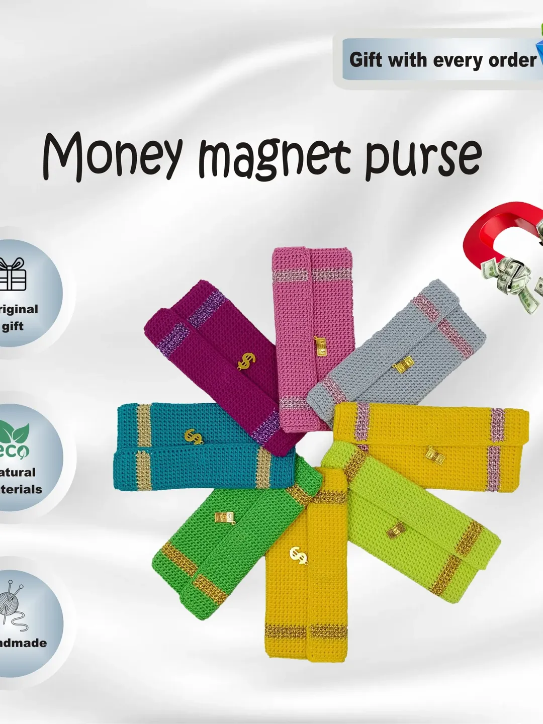 1 Hand knitted purse to attract money, from natural yarn