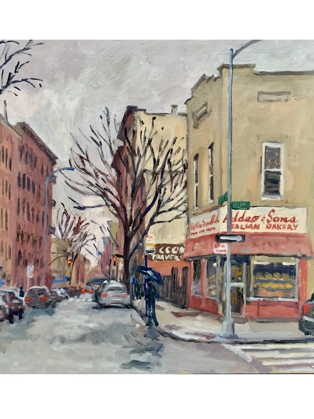 Original Bronx Cityscape Painting -Addeo and Sons Bakery/NYC- 12x12 Oil on Panel, Impressionist Landscape, Signed Little Italy Street Scene