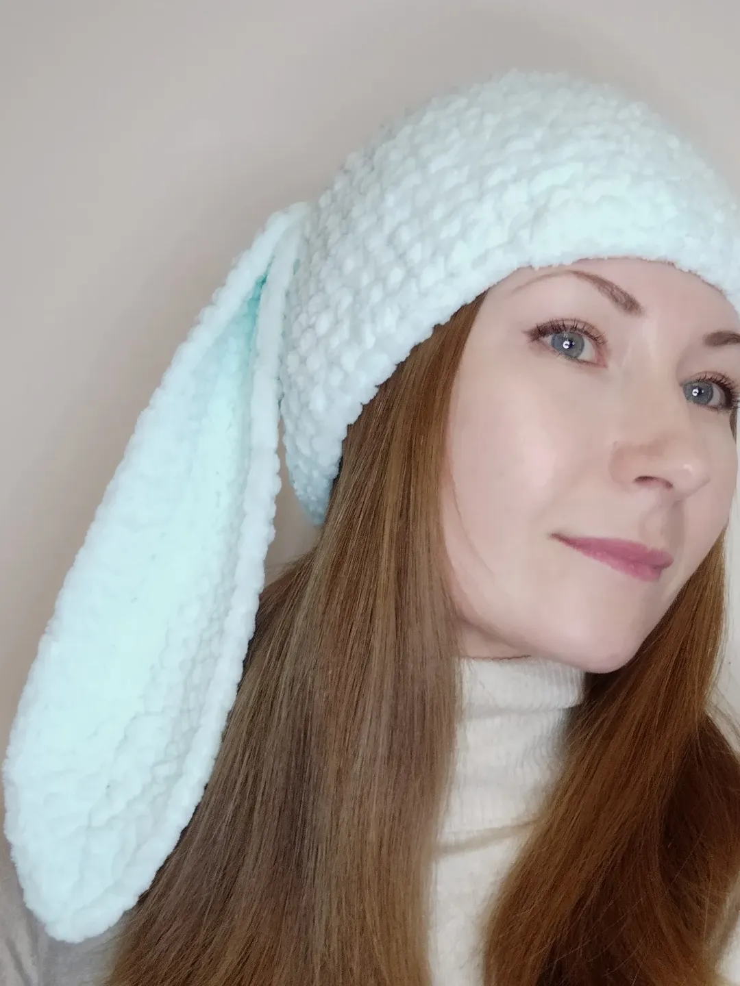 Plush bunny beanie hand knit. Bunny beanie crochet mint color. Fluffy bunny hat adult.