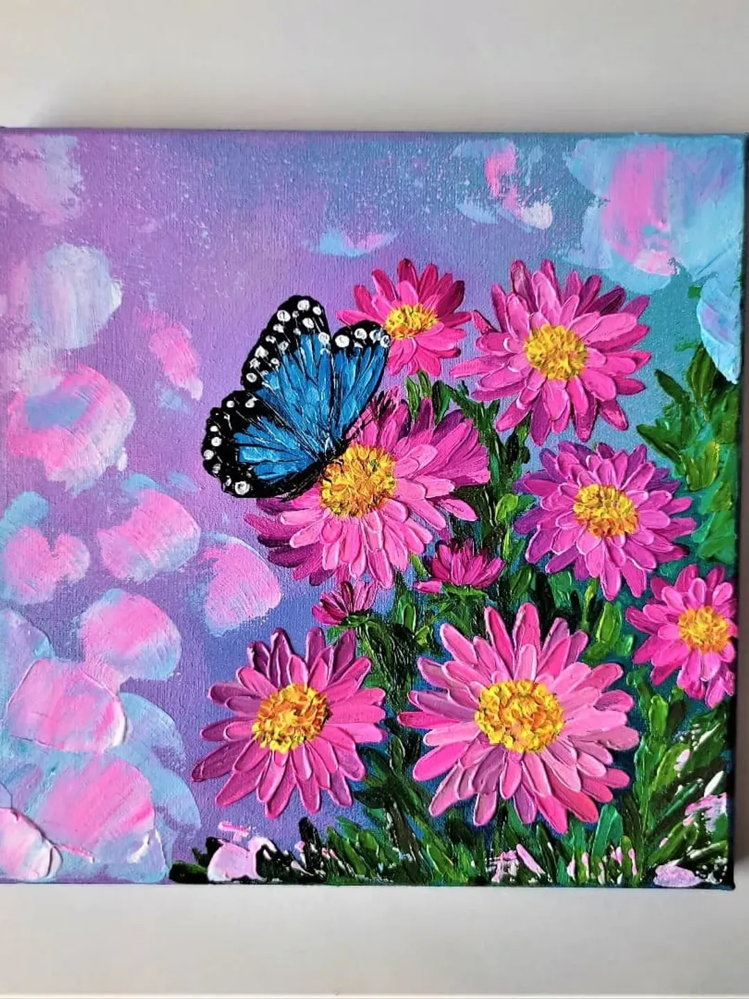 Aster flowers, Blue butterfly paintings on canvas, Pictures of aster flowers,  Textured acrylic painting, Wall artwork, image size:1080x1440
