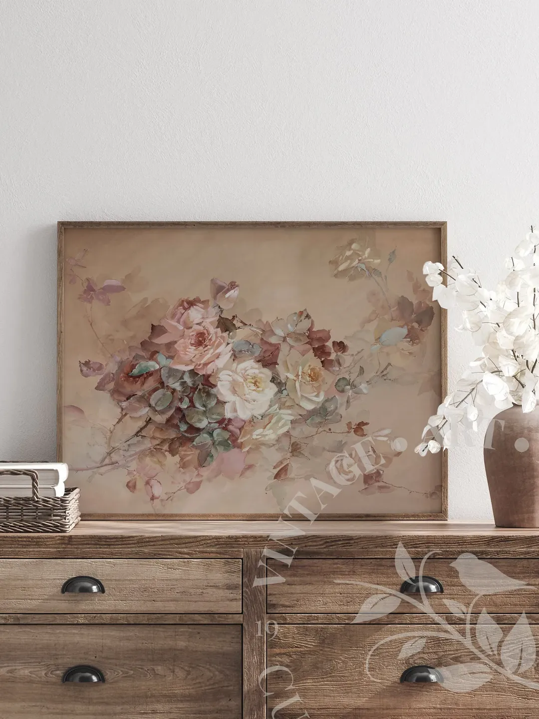 Pink Roses Painting Vintage Print Floral Wall Art, Watercolor Still ...