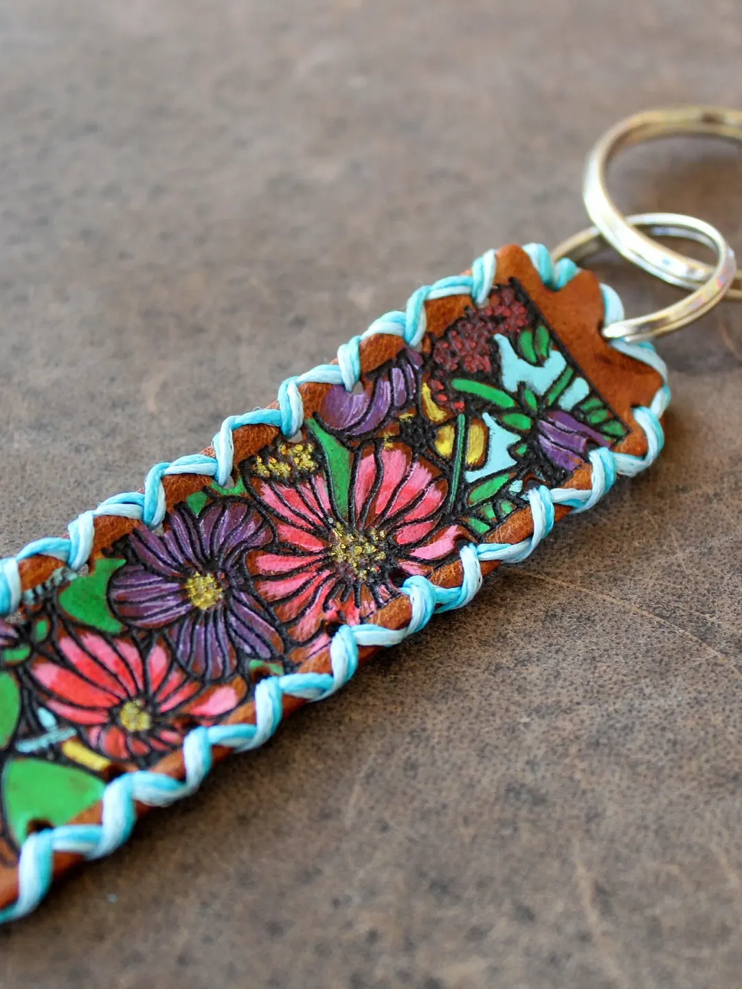 Blue Floral Keychain, Hand Painted Leather Keyfob, Hand Stitched Keyring, Small Gift, Party/Wedding Favor, Personalize/Custom Text Keychain