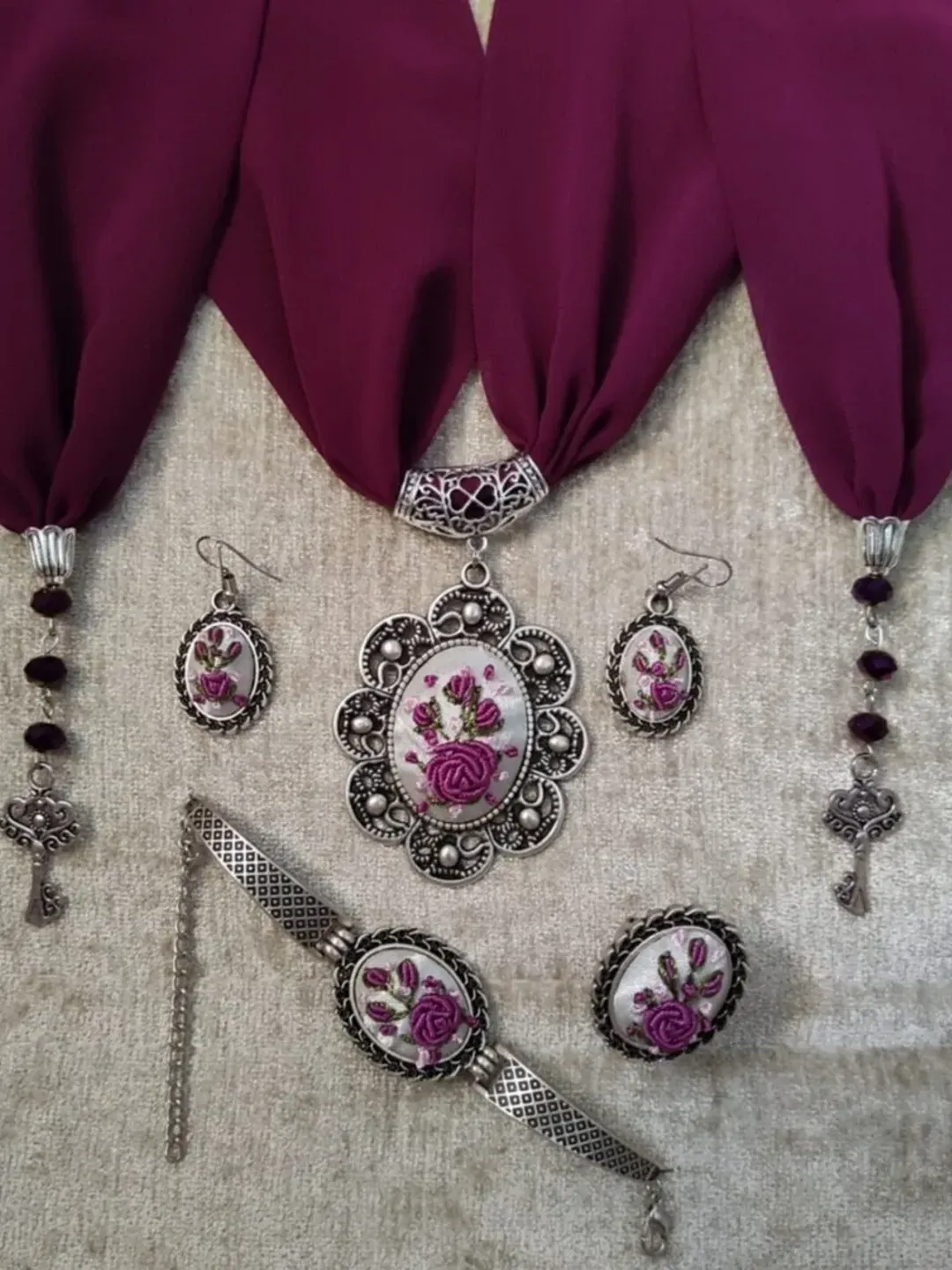 Vintage Embroidery pendant, rococo purple rose  embroidery necklace, Pendant necklaces, Handmade jewelry, Gift for women, Aesthetic necklace