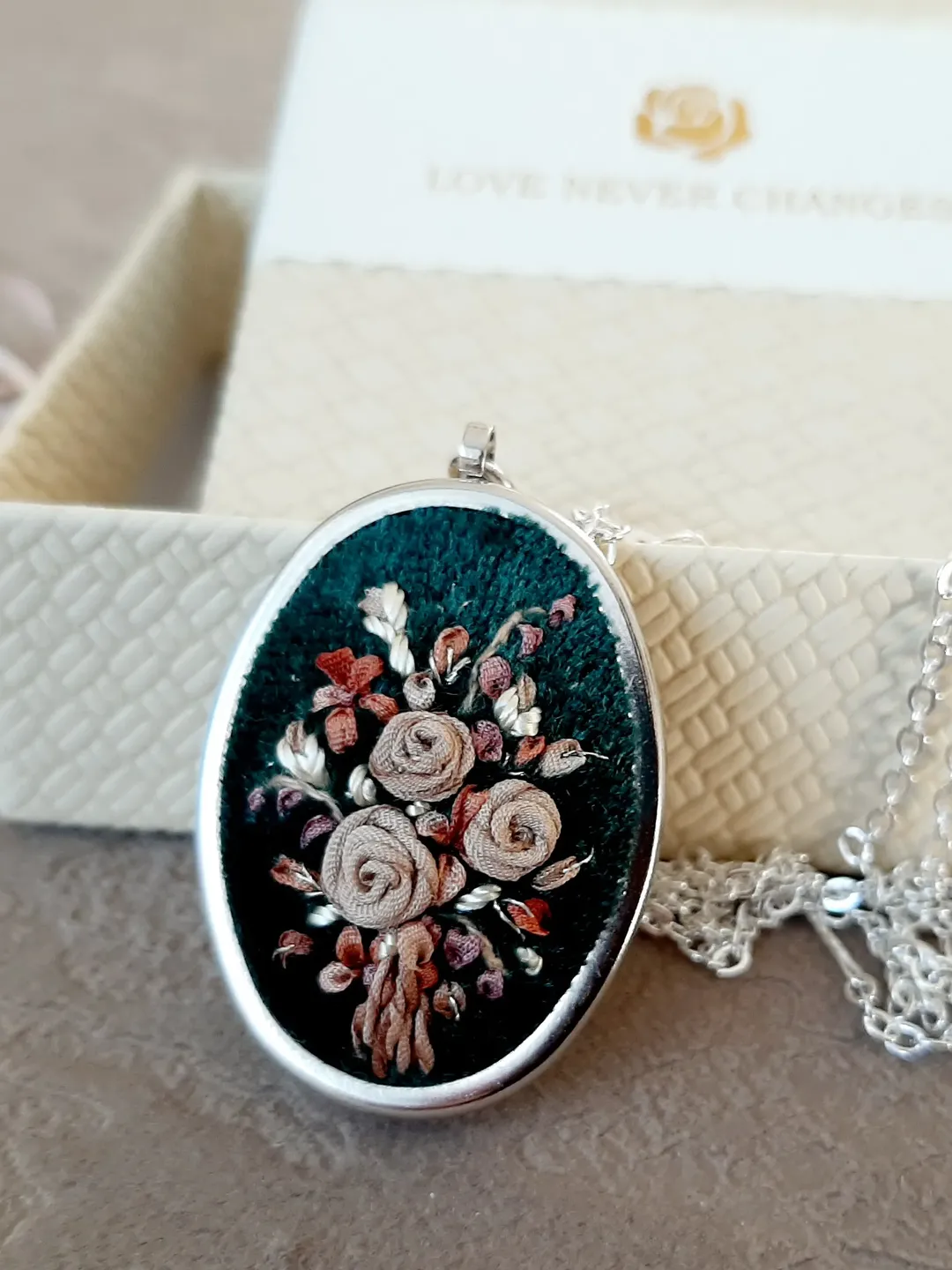 Ribbon embroidered velvet pendant for her,  4th wedding anniversary gift, custom embroidery bouquet