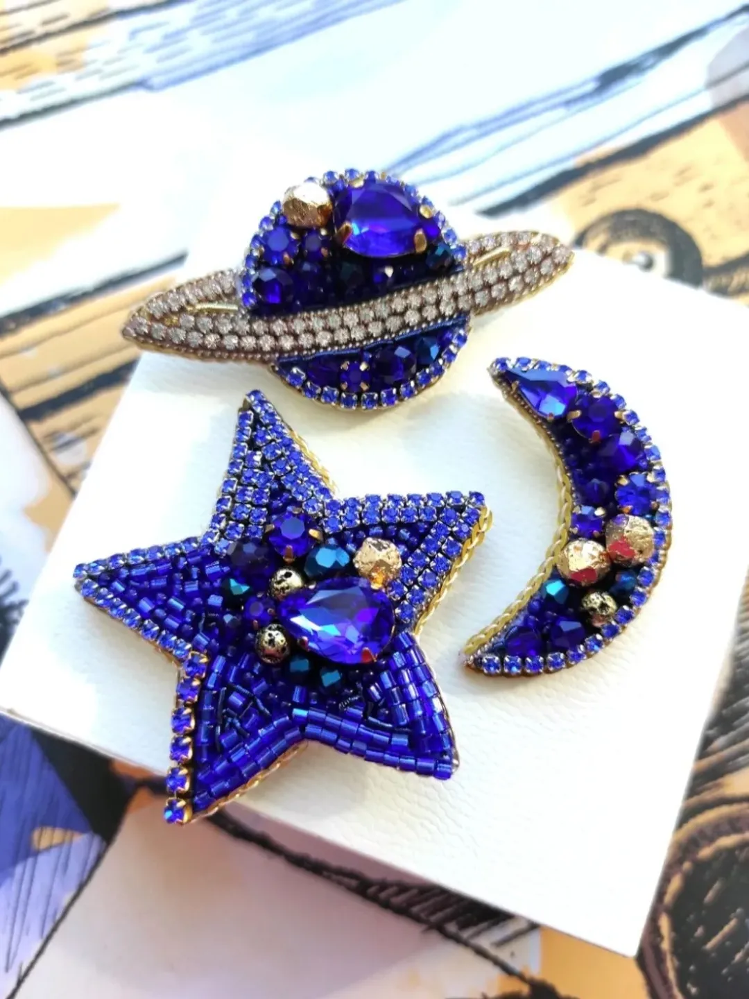 Set of brooches, star brooch, moon brooch, Saturn brooch, space pin, planet brooch, star and moon brooch, jewelry set