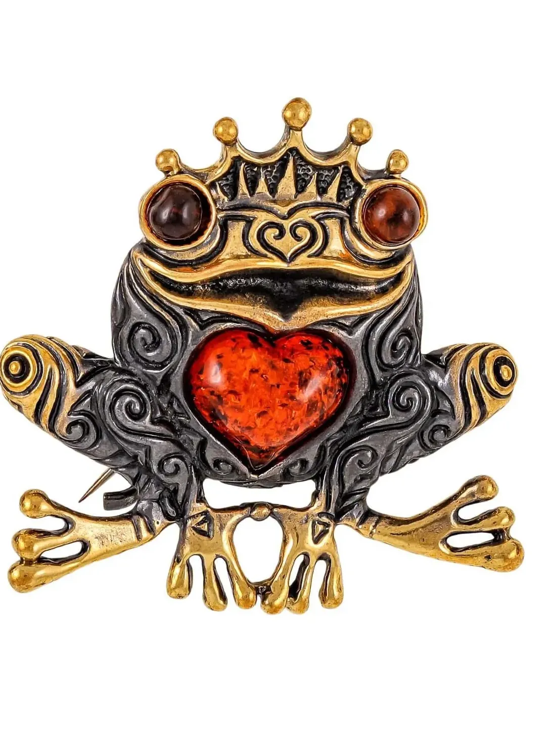 Princess Frog Brooch Gold Brass Amber Frog pin with Crown Animal Brooch ...
