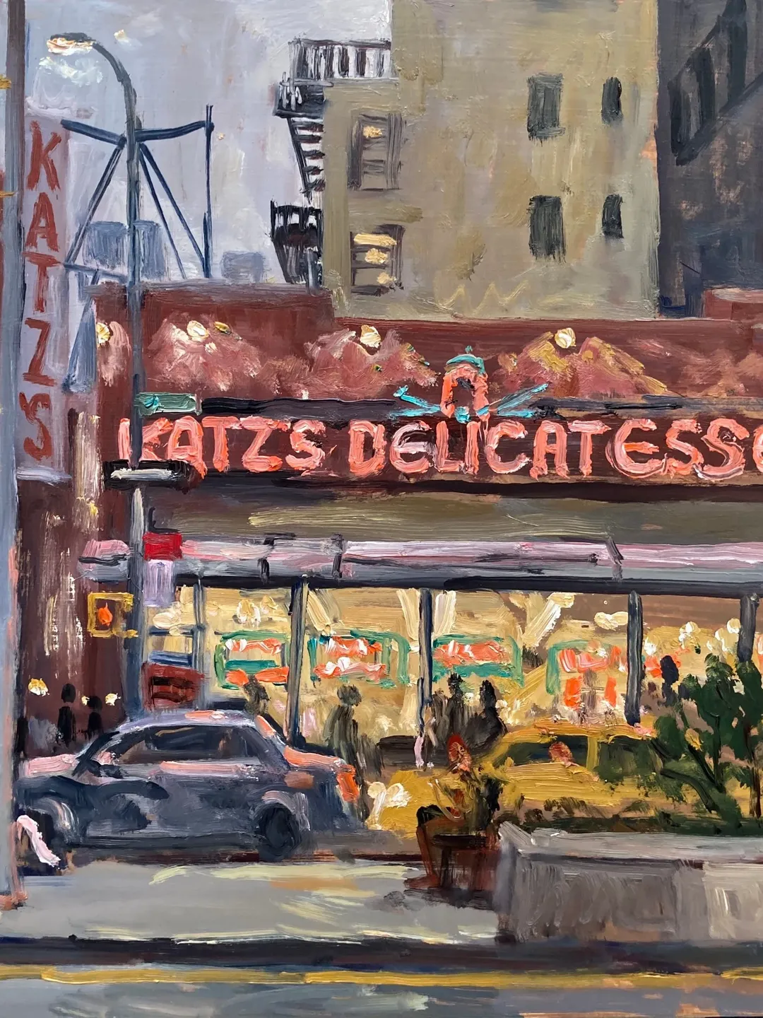Original New York Cityscape Painting - Katz's Deli Nocturne/NYC - 12x16 Oil on Panel, Urban Impressionist Landscape Night Scene