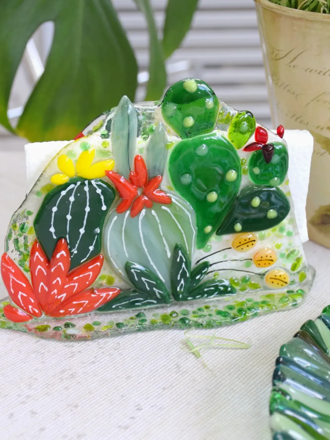 Napkin holder with succulents - Home decor with cactus glass - fused glass  art