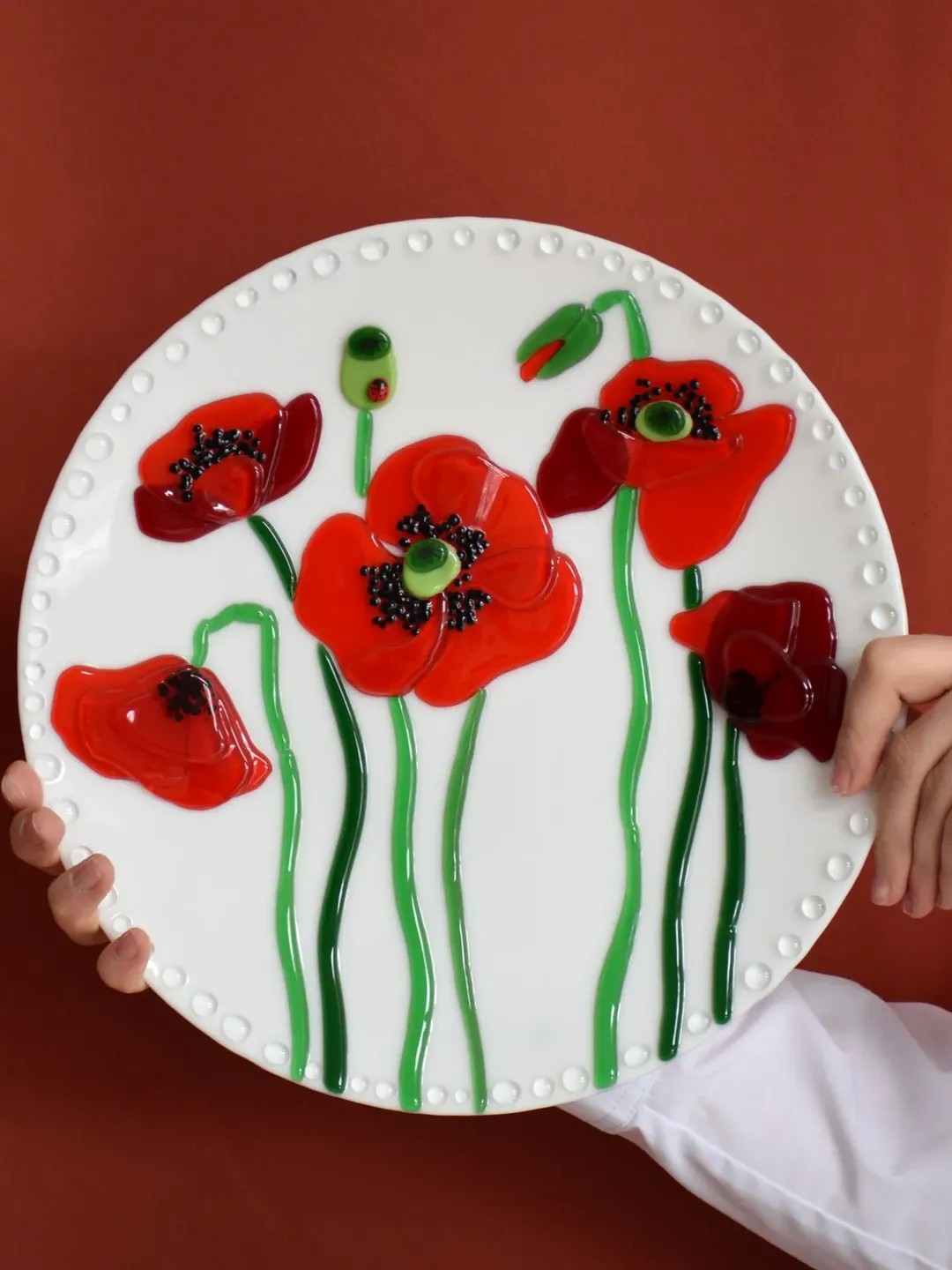 Glass plate with Poppy - Fused glass home decor - Glass dish with red Poppy - Decorative plates with flowers