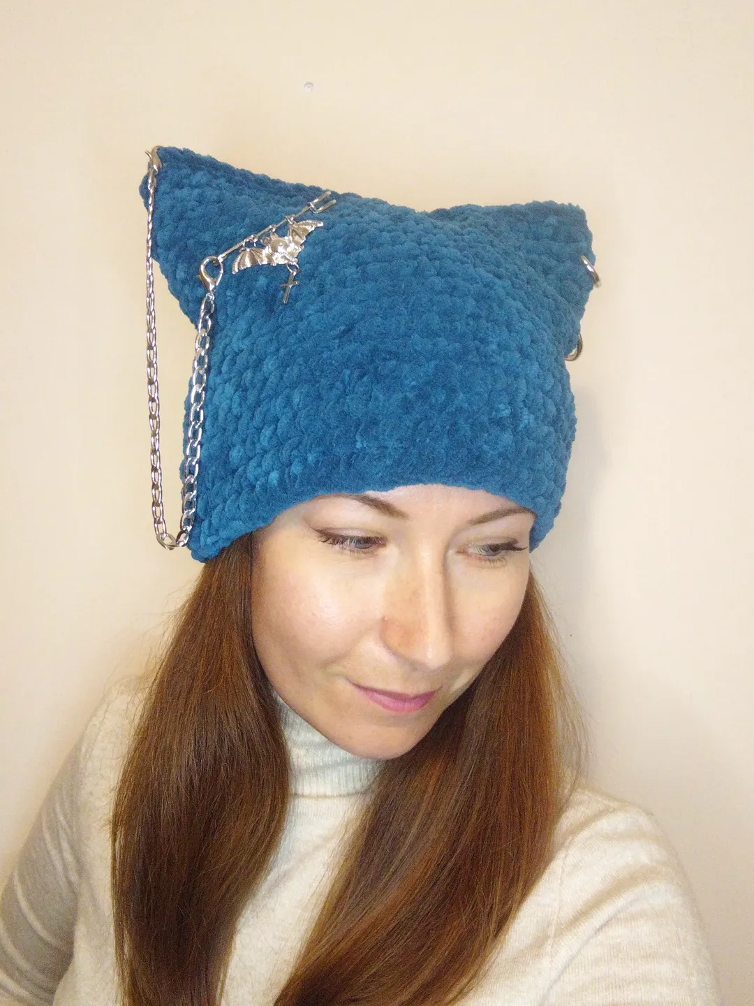 Cat ear beanie crochet. Gothic hat with cat ears. Halloween hat with ears.