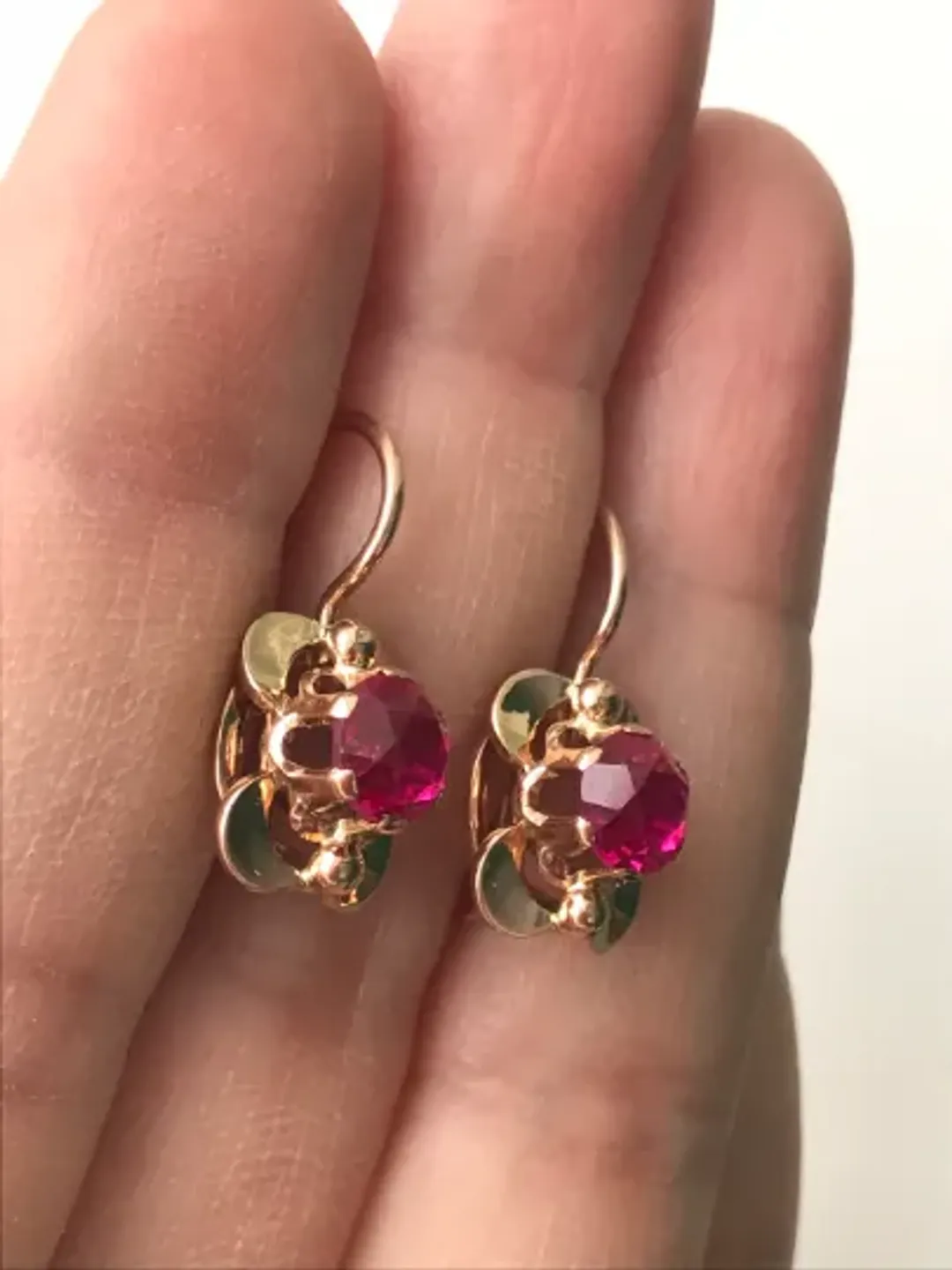 Rare Original 14K Earrings Rose Stone  Vintage Russian Russia Soviet USSR Solid 14K 583 Rose Pink Gold Ruby EARRINGS main image 2